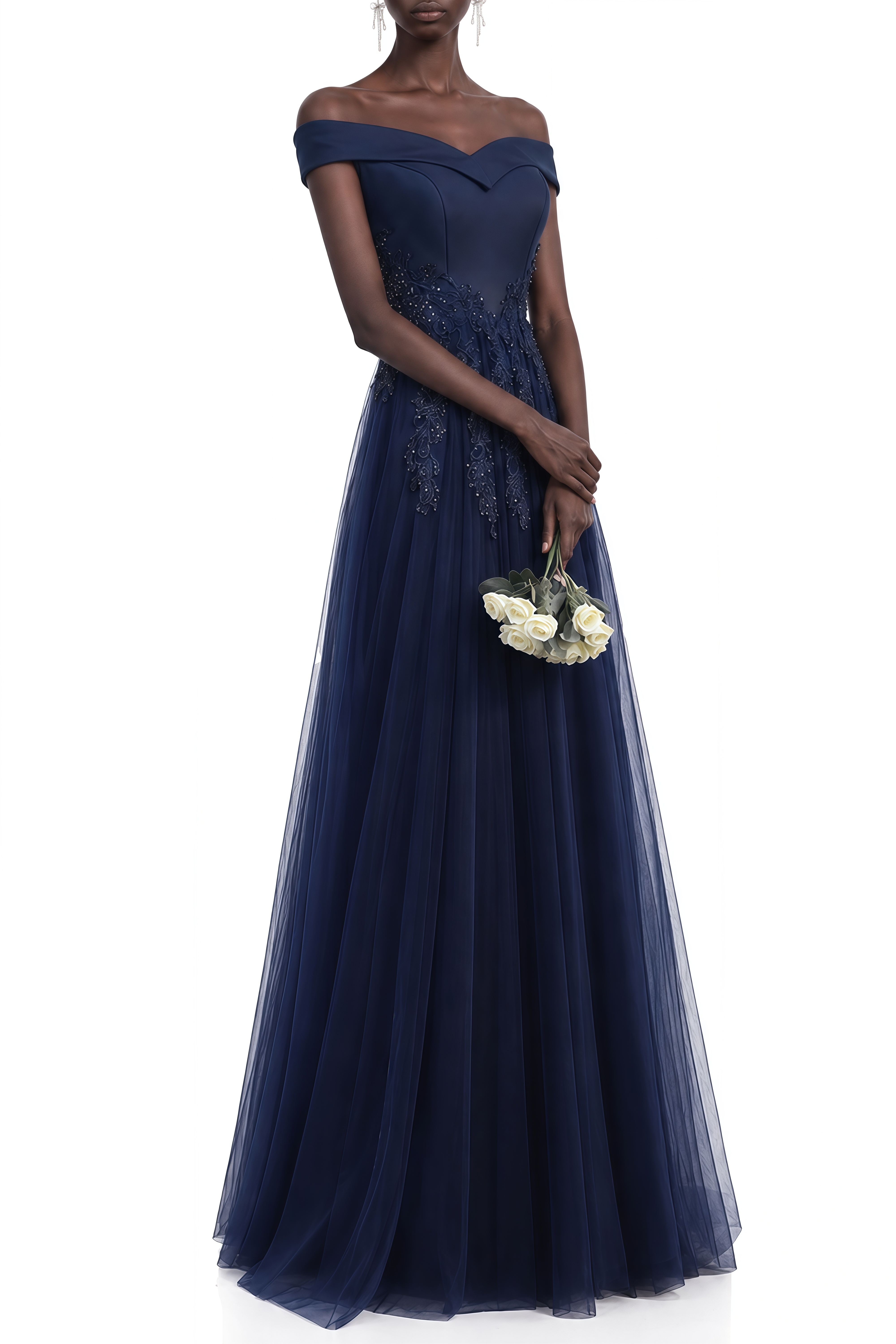 Coralie Navy Blue Off Shoulder Tulle Maxi Dress