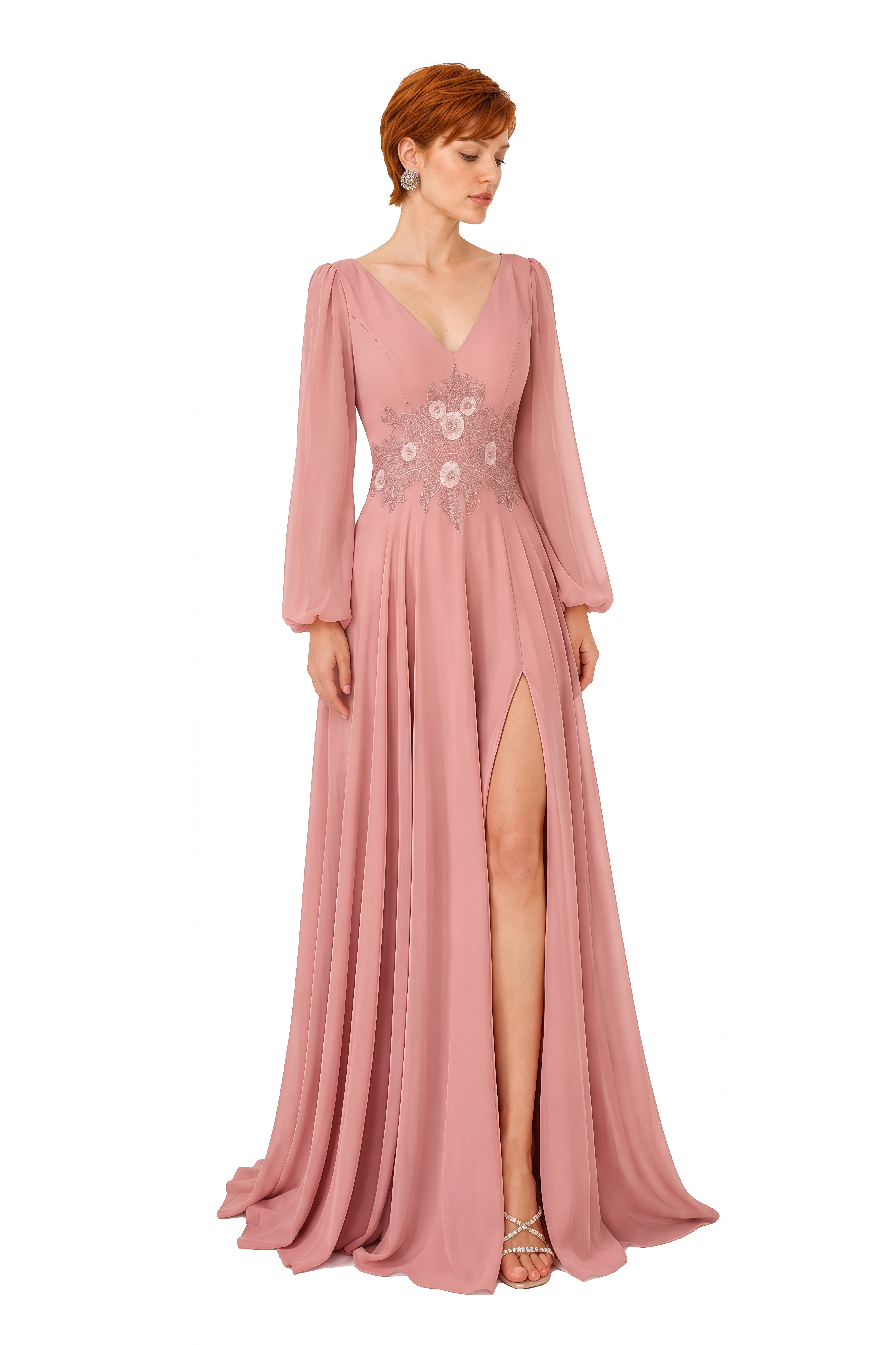 Clover Pink Floral Embroidery Slit Maxi Dress