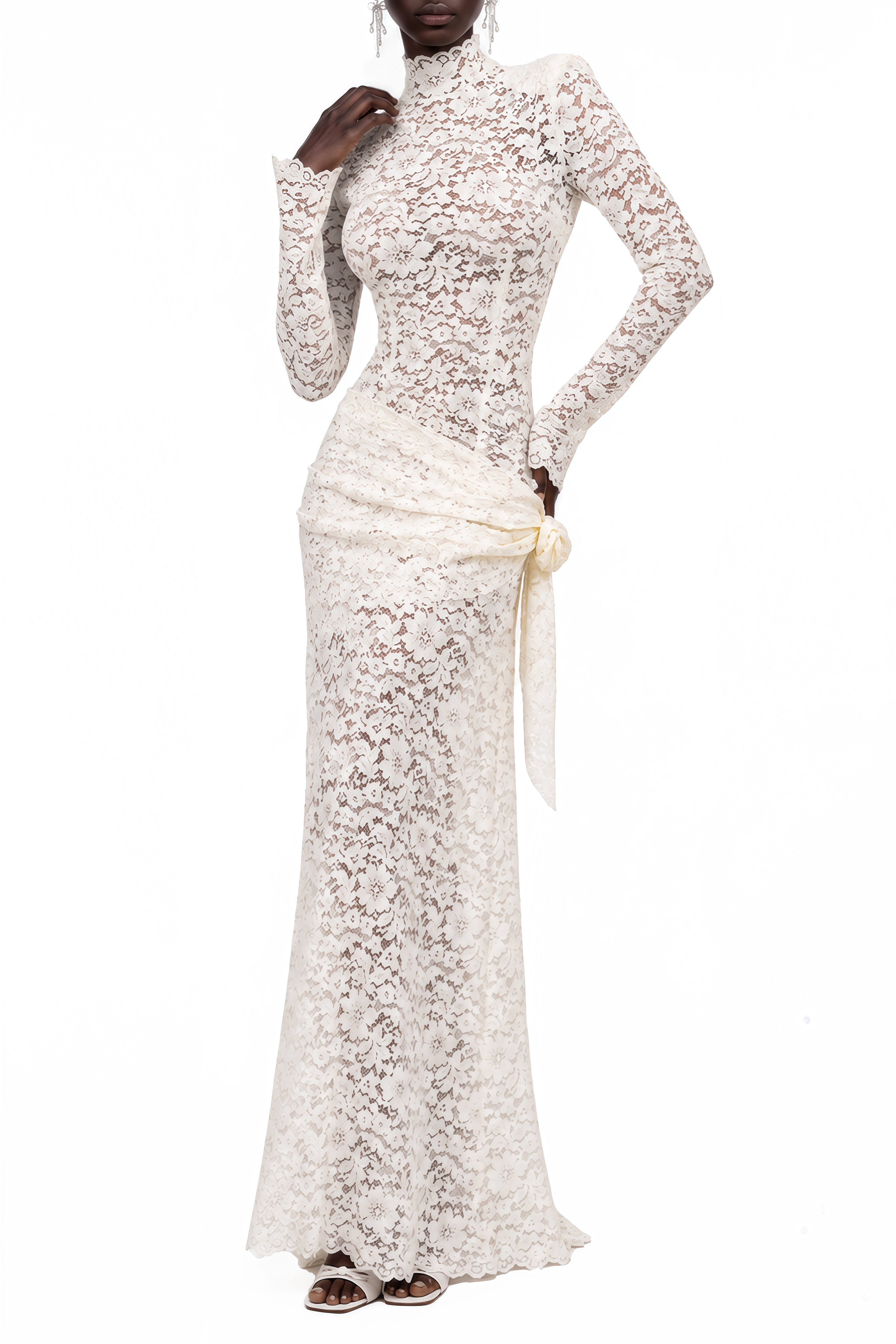 Liora White Turtleneck Lace Maxi Dress
