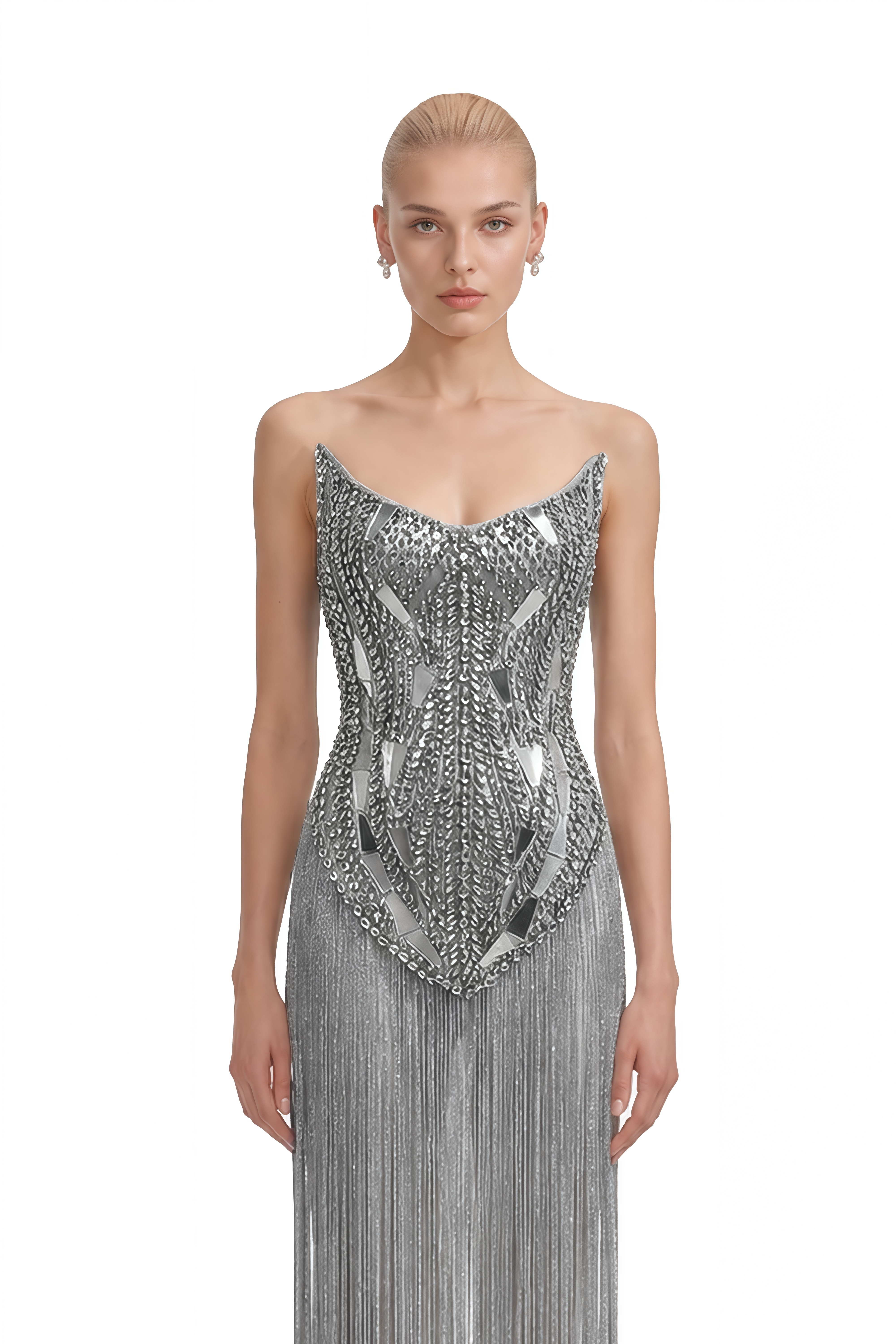 Isadora Grey Strapless Fringe Maxi Dress
