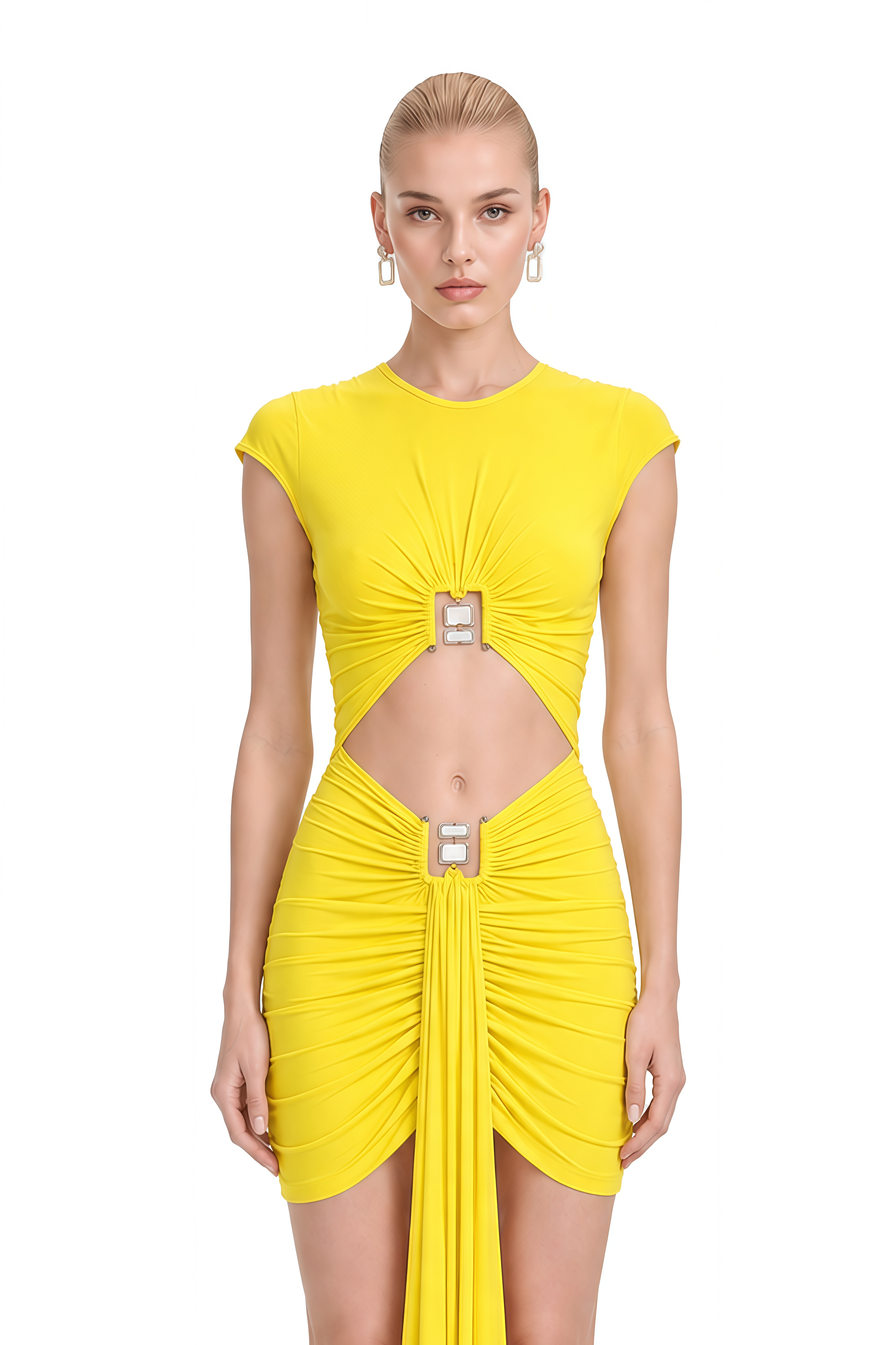 Sylvia Yellow Round Neck Ruched Mini Dress