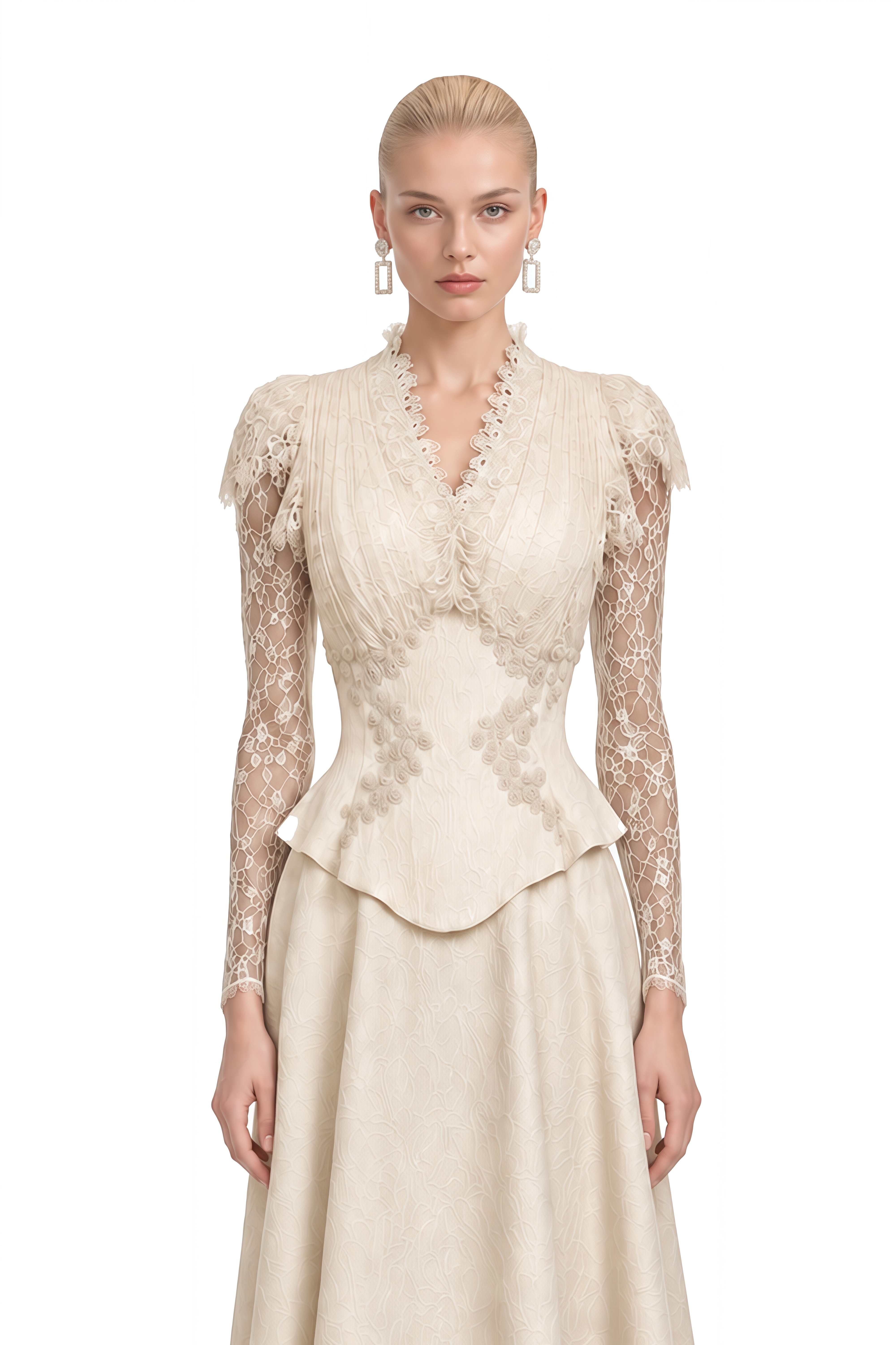 Vienne Neutral Lace Sleeves Ruffled Top & Skirt Set
