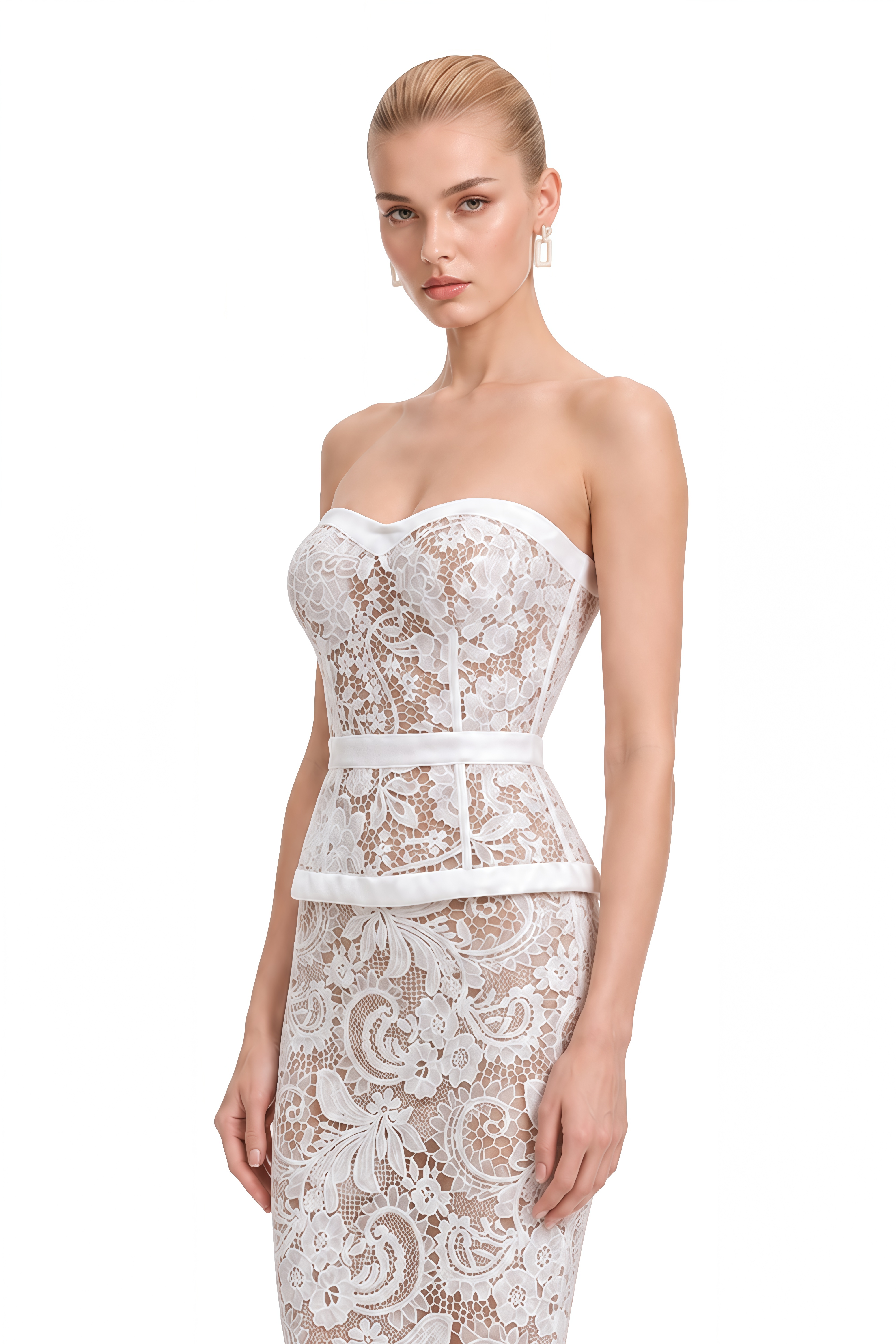 Aurora White Sweetheart Neck Lace Top & Skirt Set