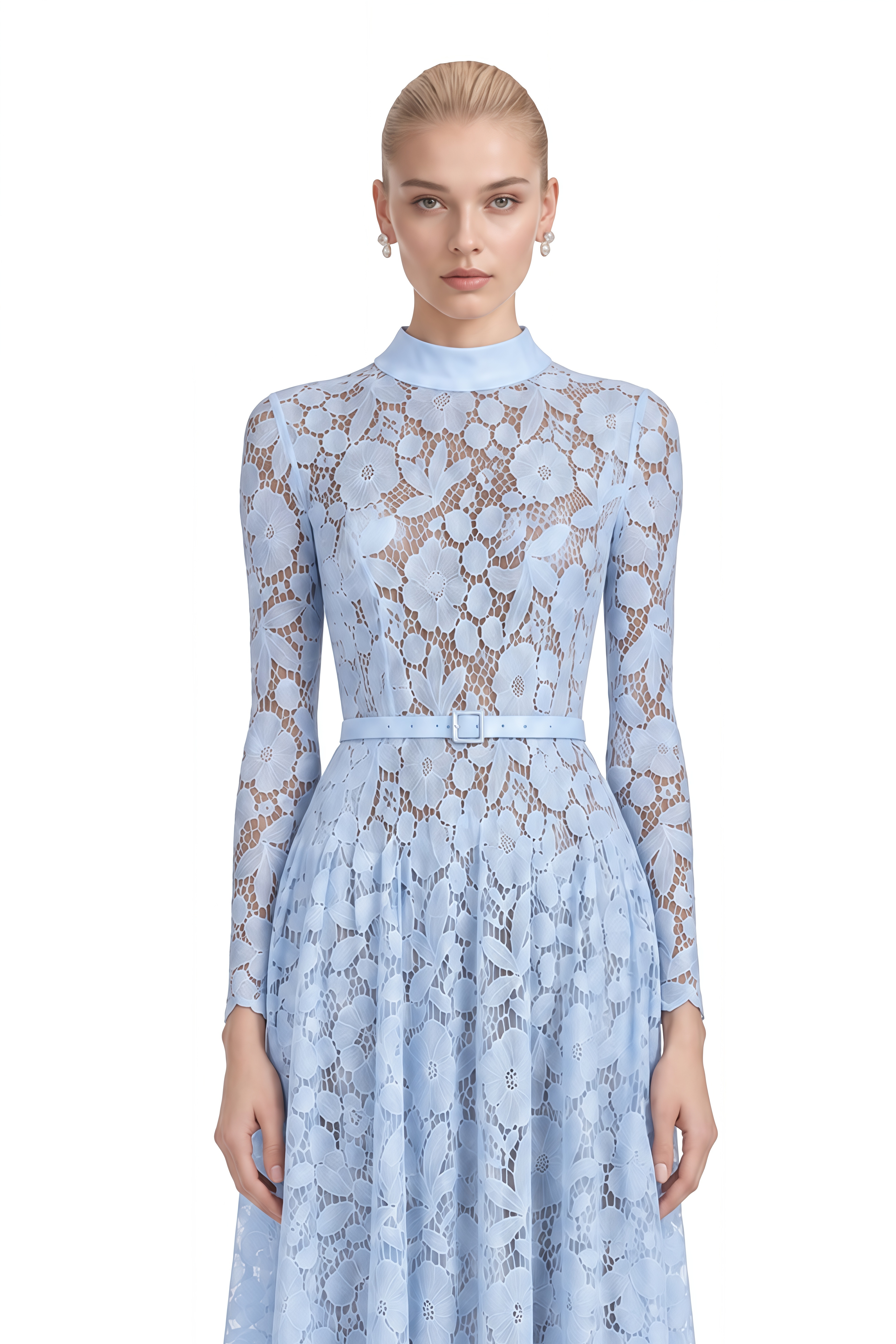 Thalia Blue Turtleneck Floral Lace Midi Dress
