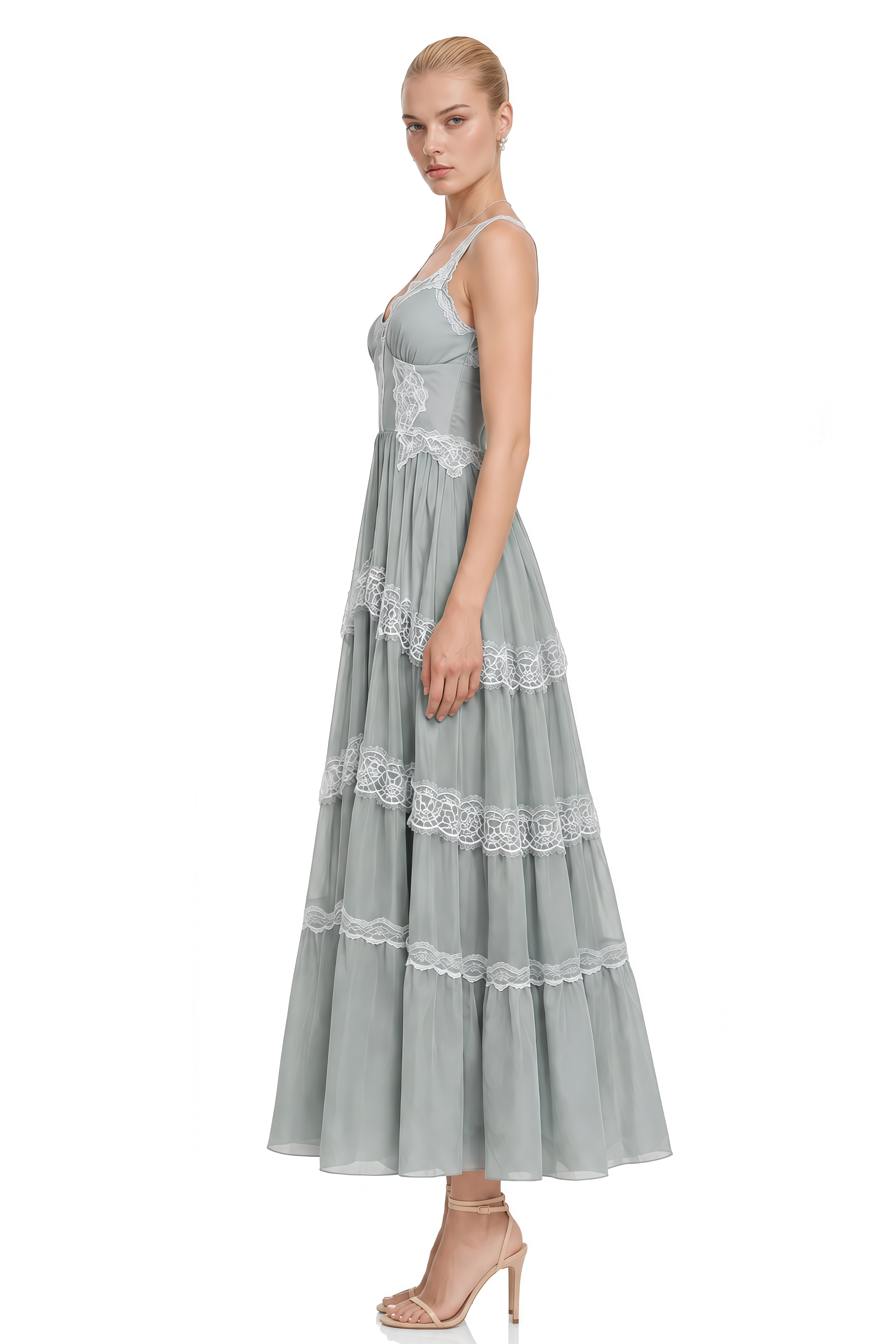 Gwendolyn Dusty Blue Sleeveless Lace Midi Dress