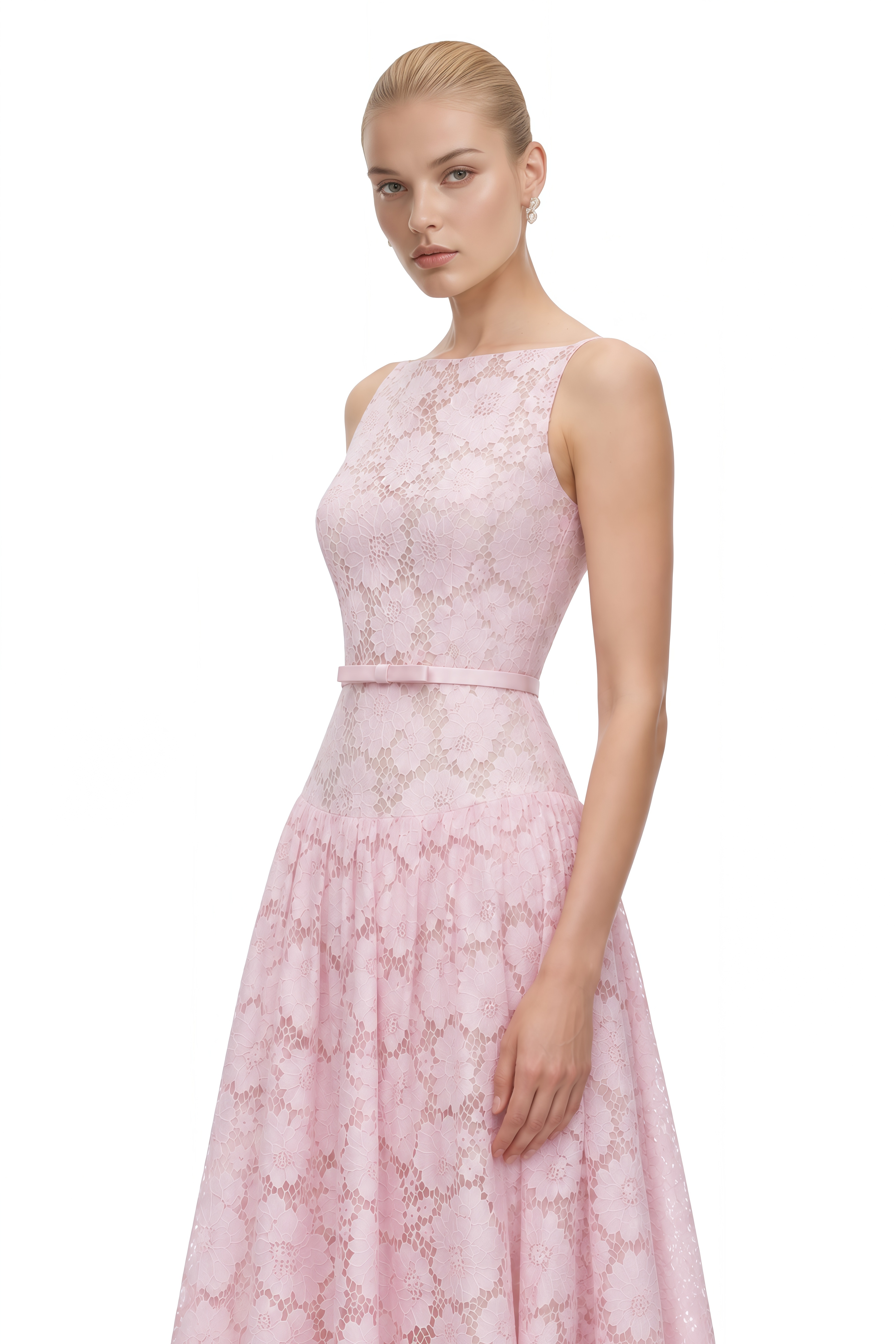 Celine Pink Sleeveless Floral Lace Midi Dress