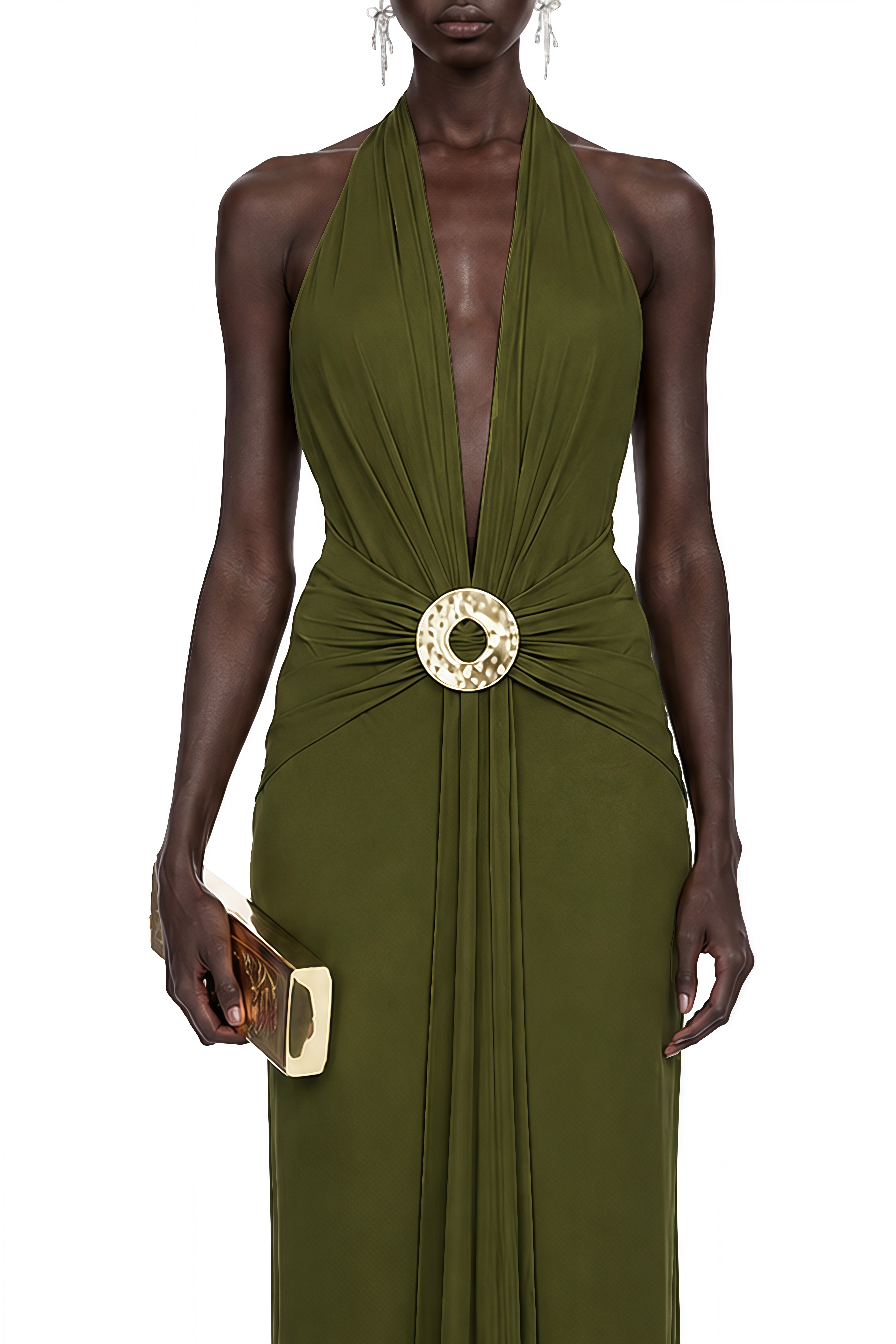 Cecile Green Halterneck V-Neck Maxi Dress