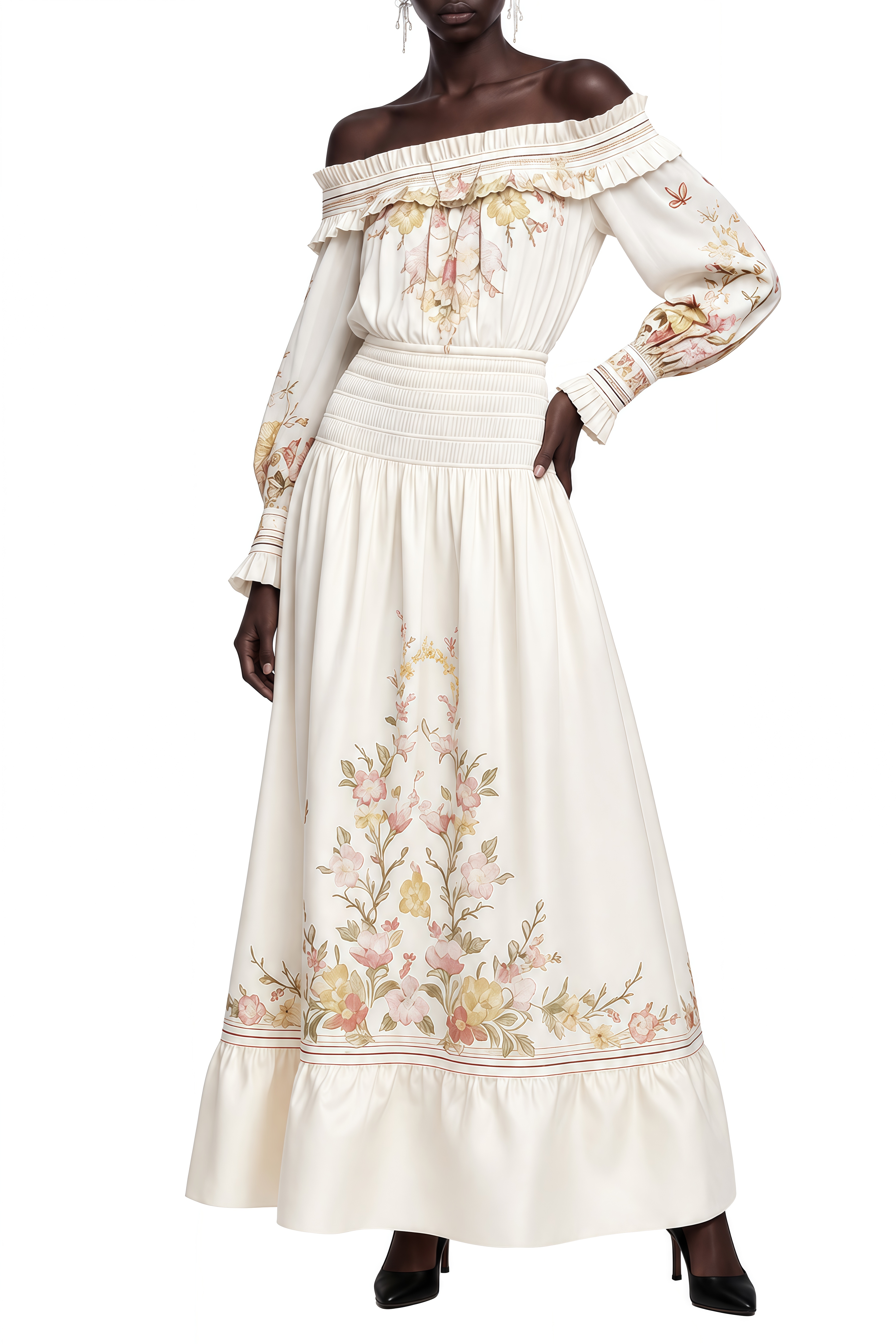 Felicity Ivory Off Shoulder Floral Maxi Dress