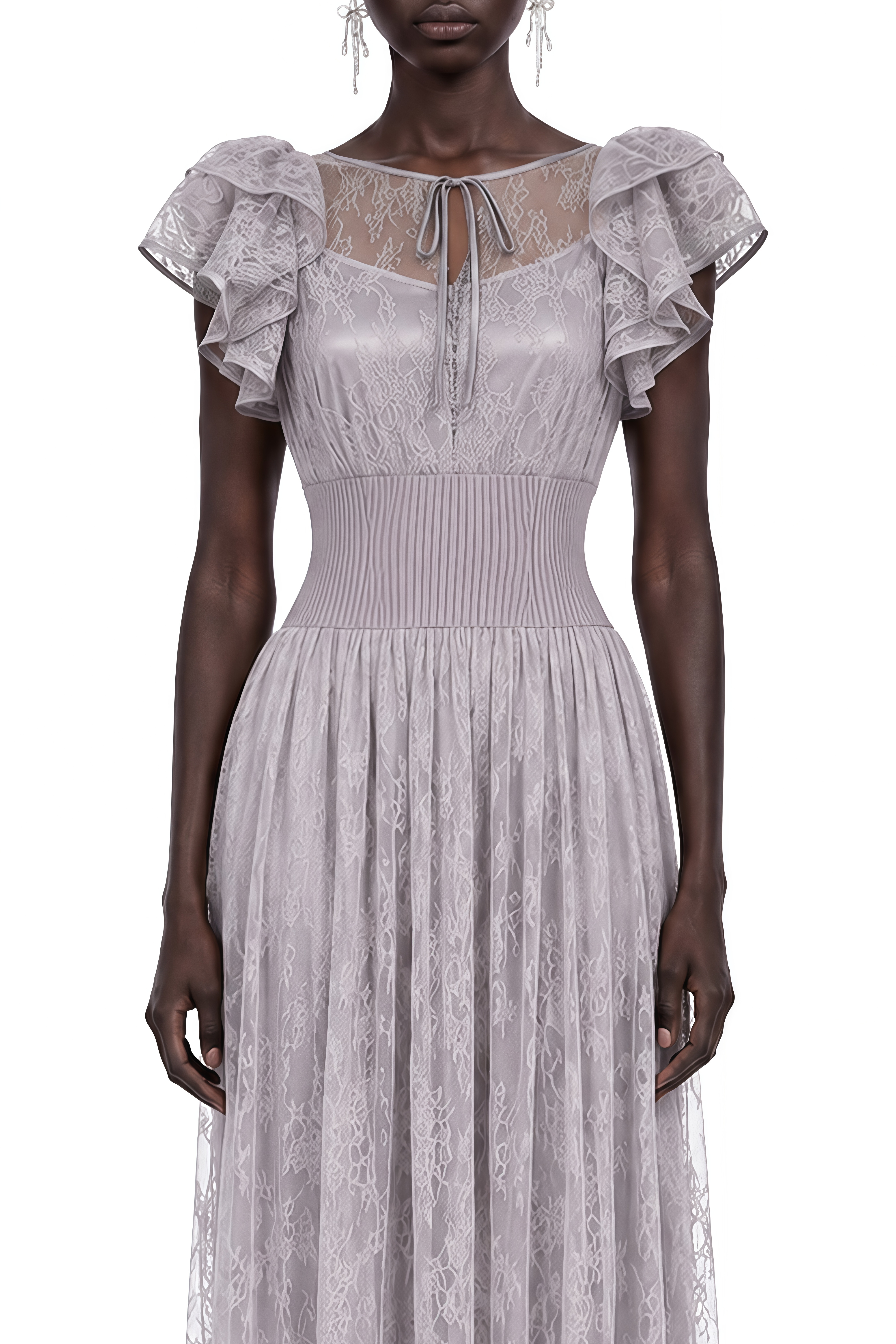 Sylvia Light Grey Puff Sleeve Lace Maxi Dress