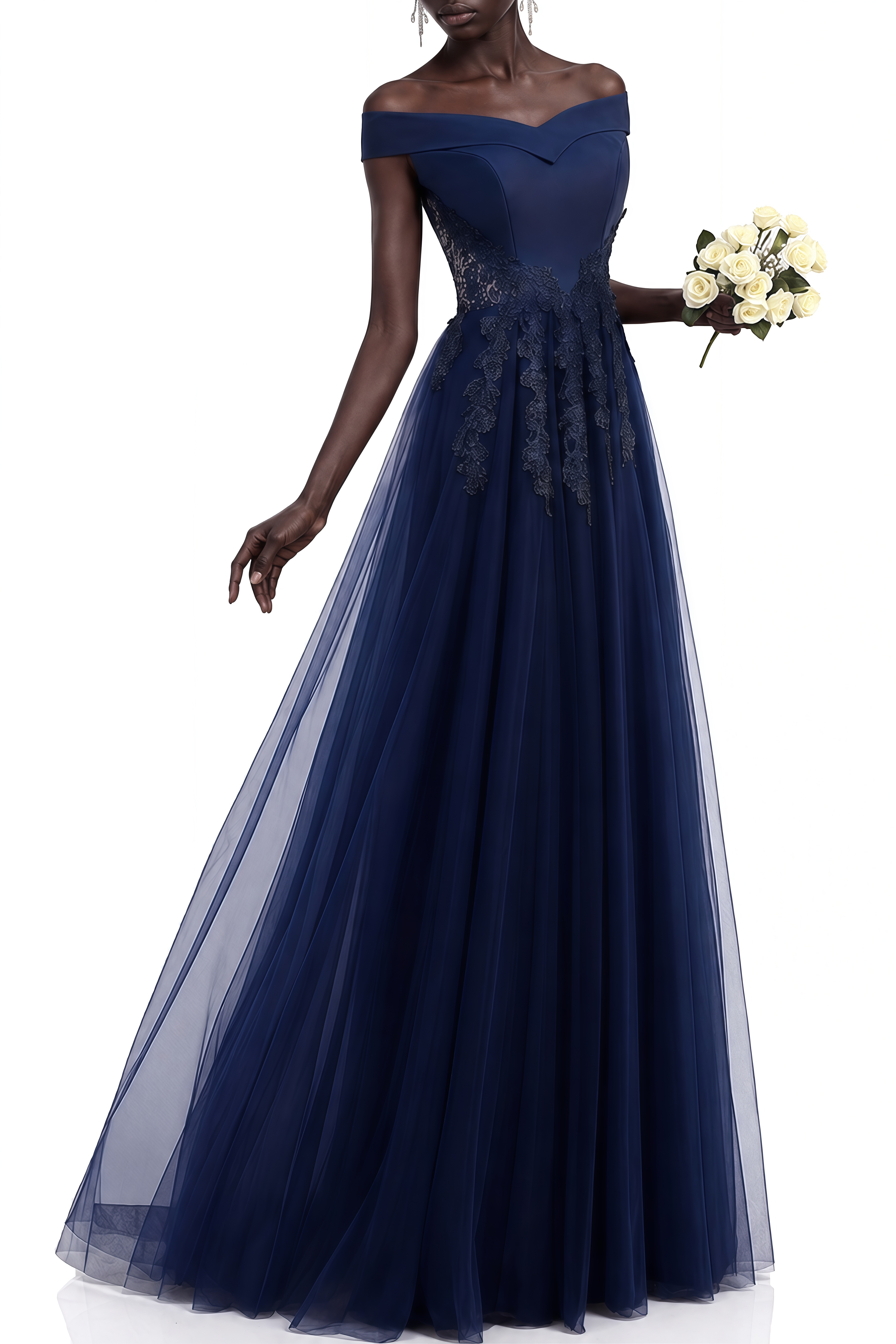 Coralie Navy Blue Off Shoulder Tulle Maxi Dress