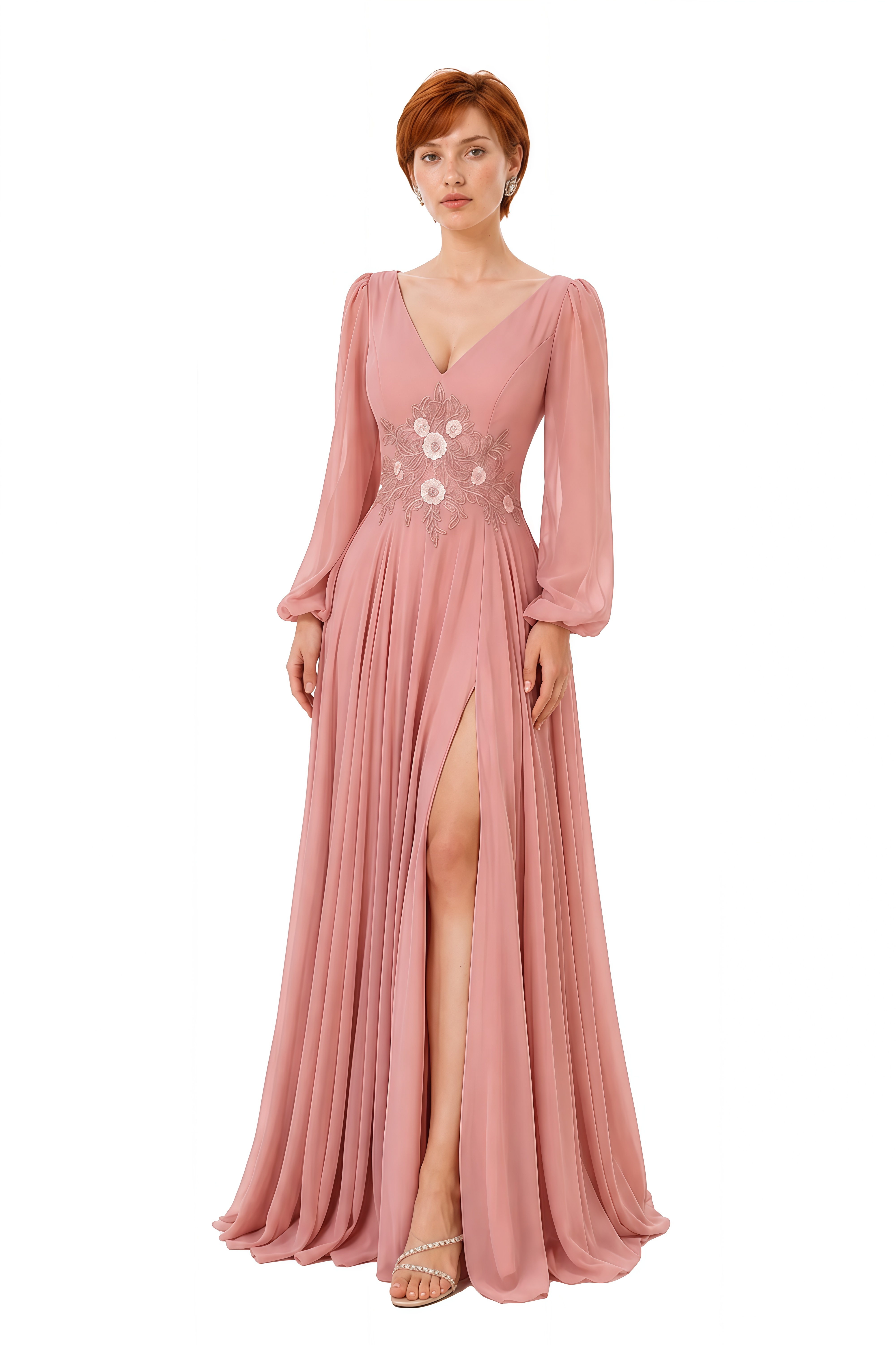 Clover Pink Floral Embroidery Slit Maxi Dress