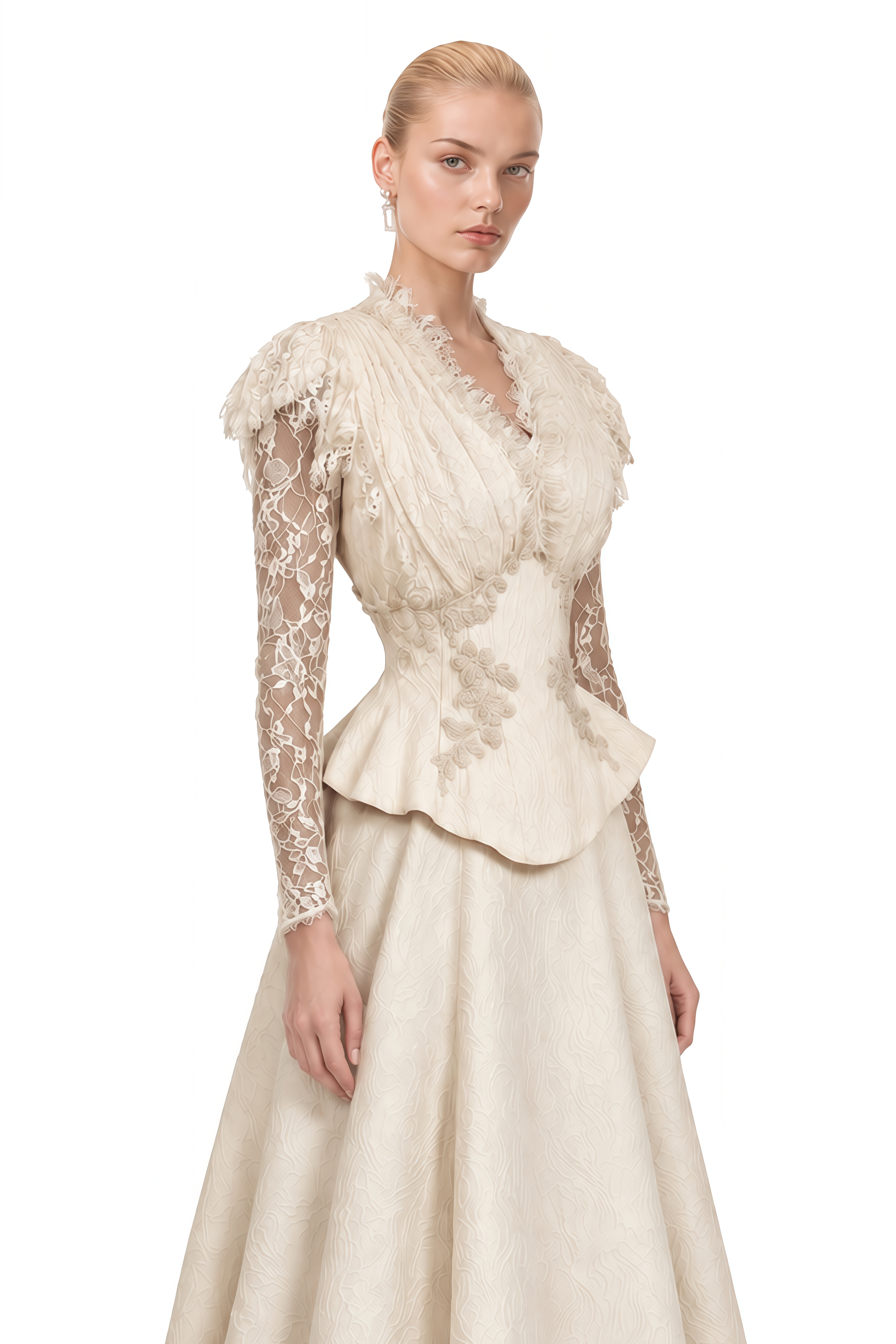 Vienne Neutral Lace Sleeves Ruffled Top & Skirt Set