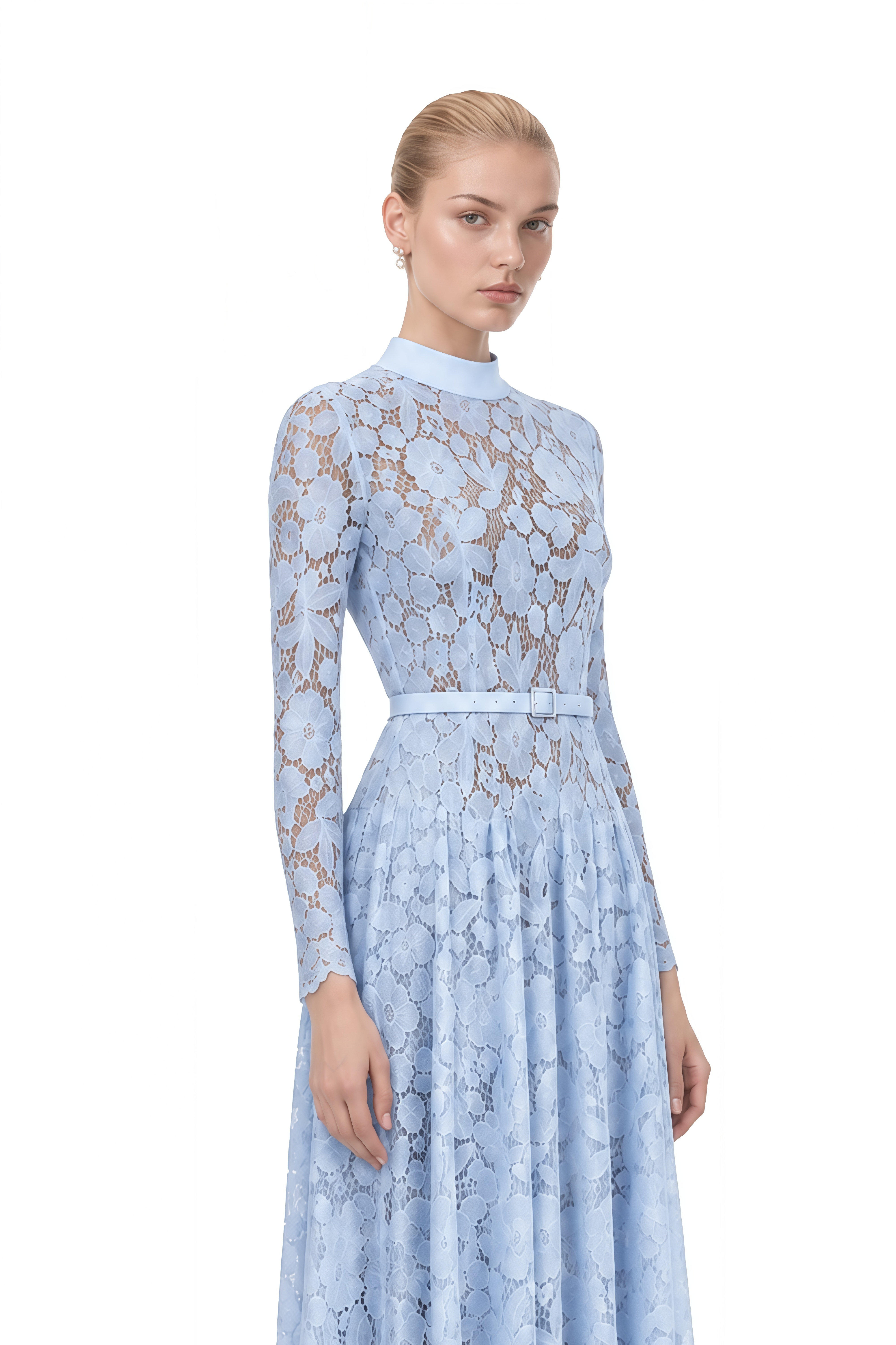 Thalia Blue Turtleneck Floral Lace Midi Dress