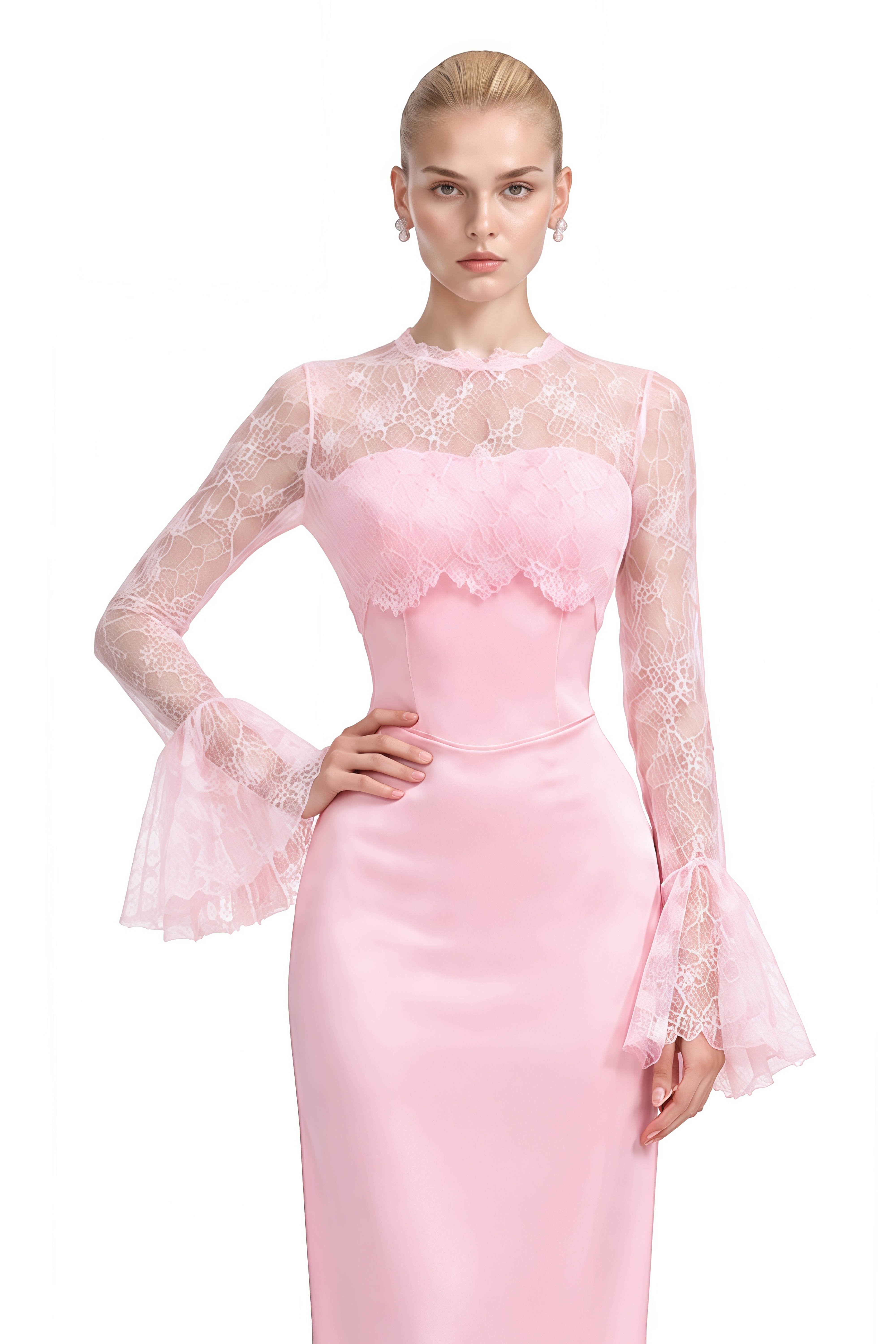 Bronte Pink Long Sleeves Lace Maxi Dress