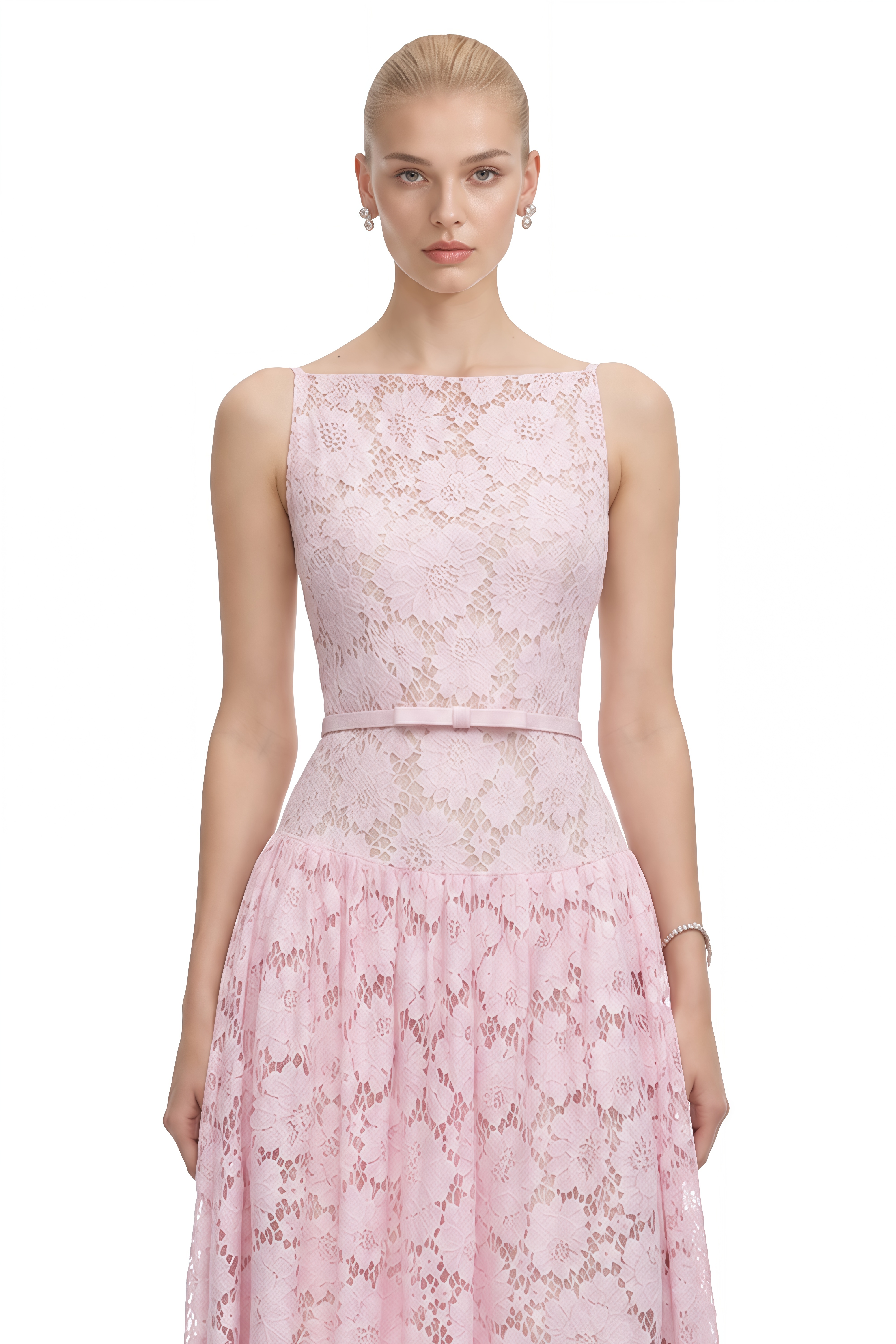 Celine Pink Sleeveless Floral Lace Midi Dress