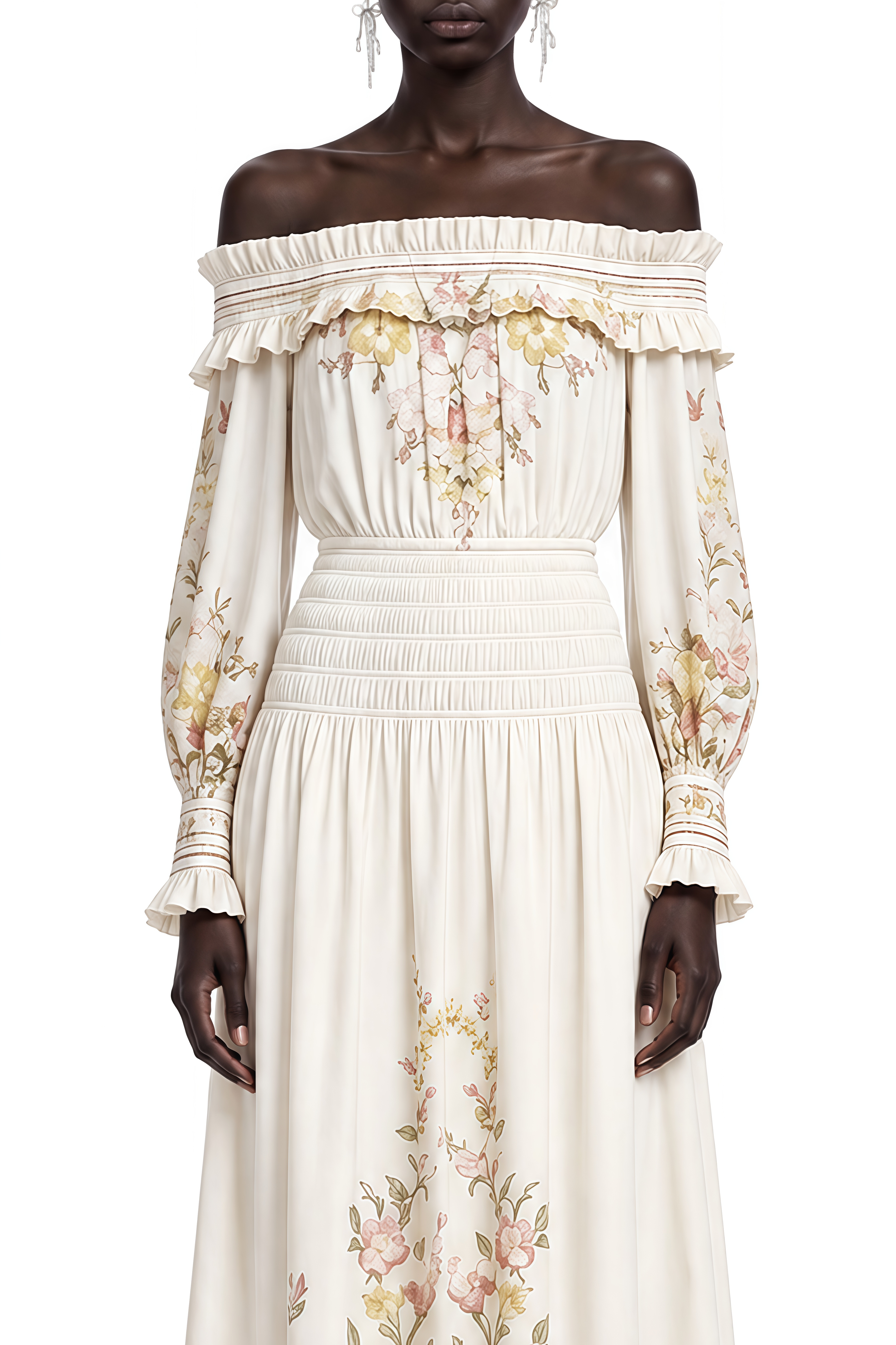 Felicity Ivory Off Shoulder Floral Maxi Dress