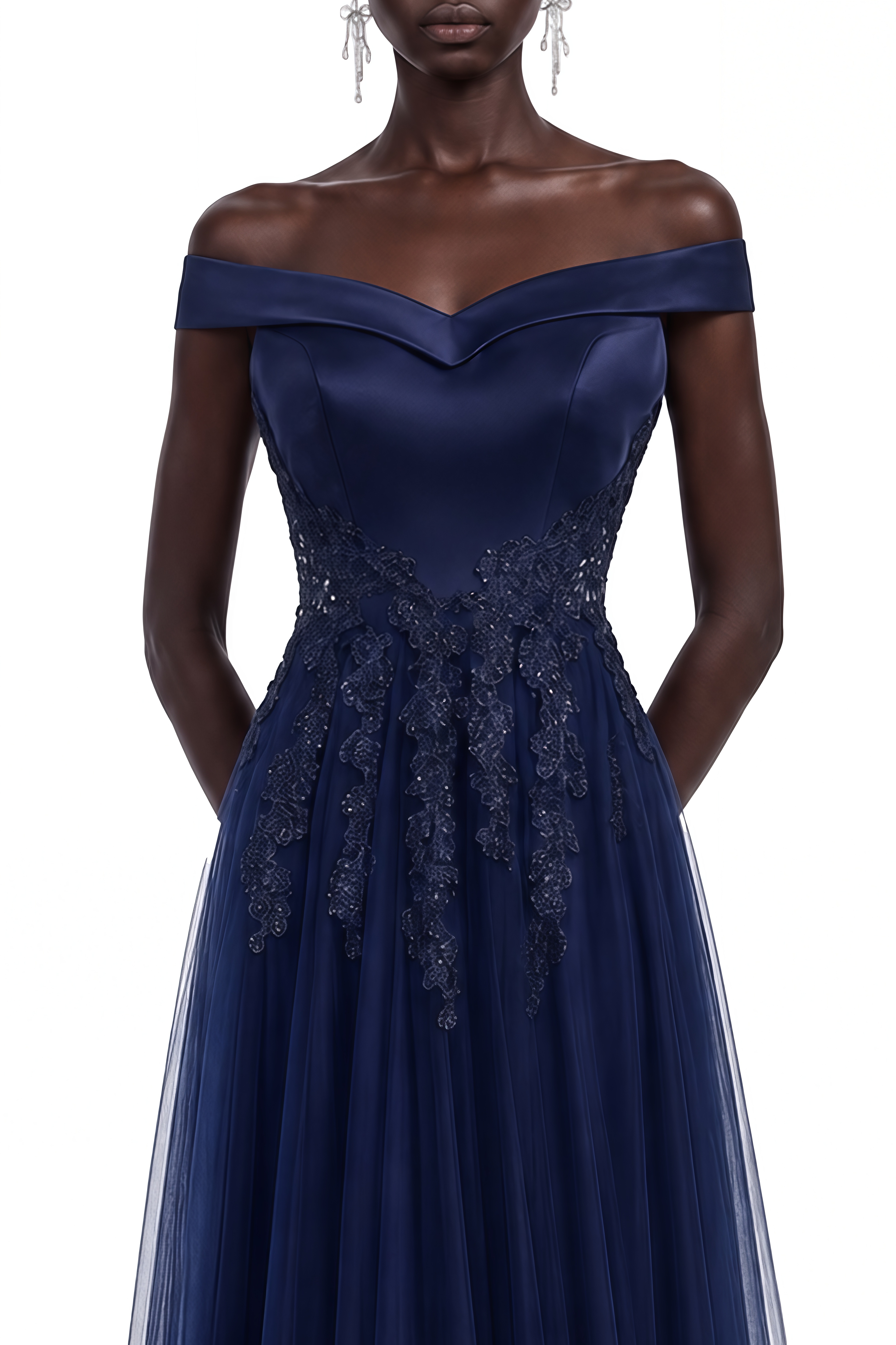 Coralie Navy Blue Off Shoulder Tulle Maxi Dress
