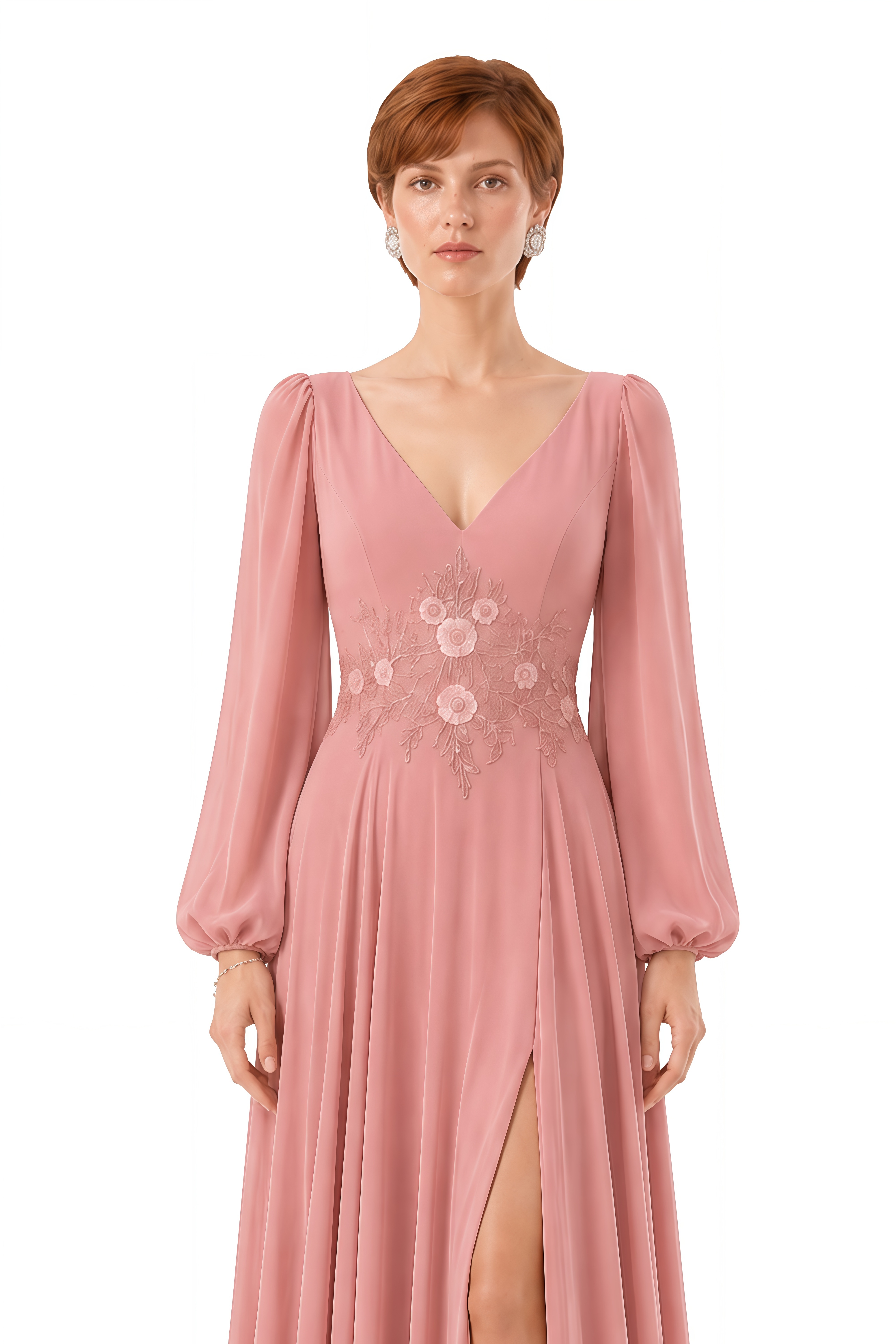 Clover Pink Floral Embroidery Slit Maxi Dress