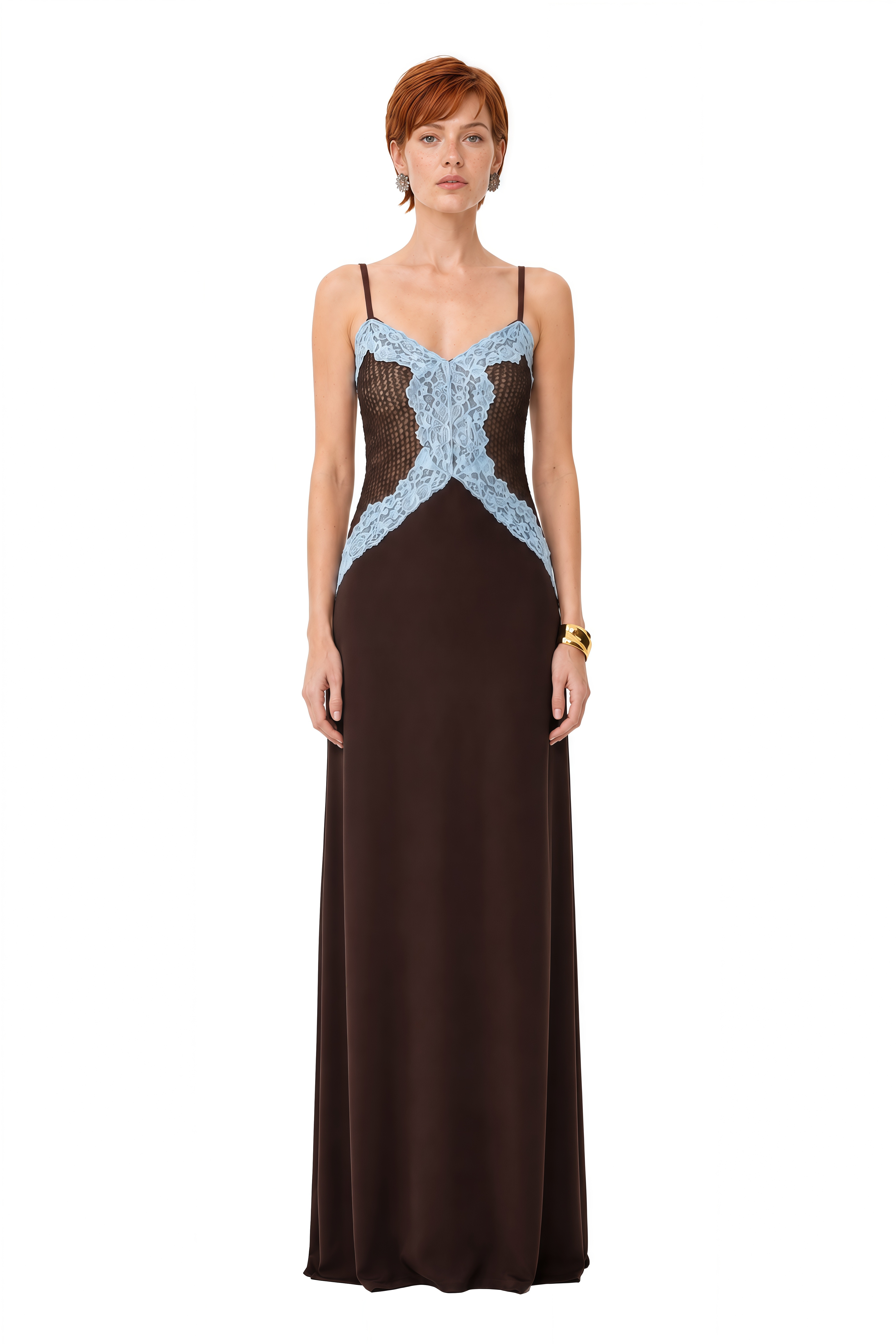 Rosalie Brown Sweetheart Neck Lace Maxi Dress