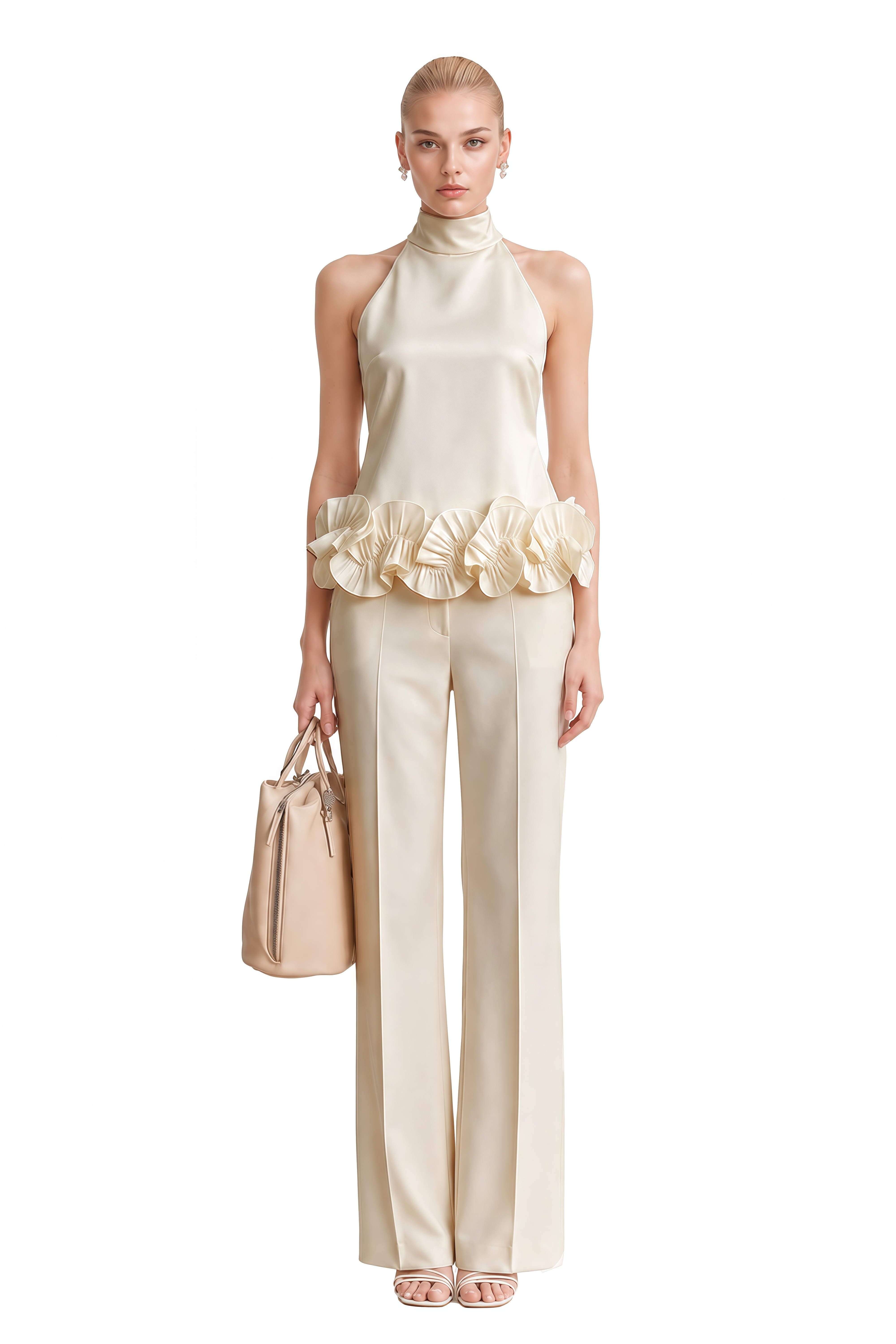 Vesper Ivory Turtleneck Ruffled Top & Trousers Set