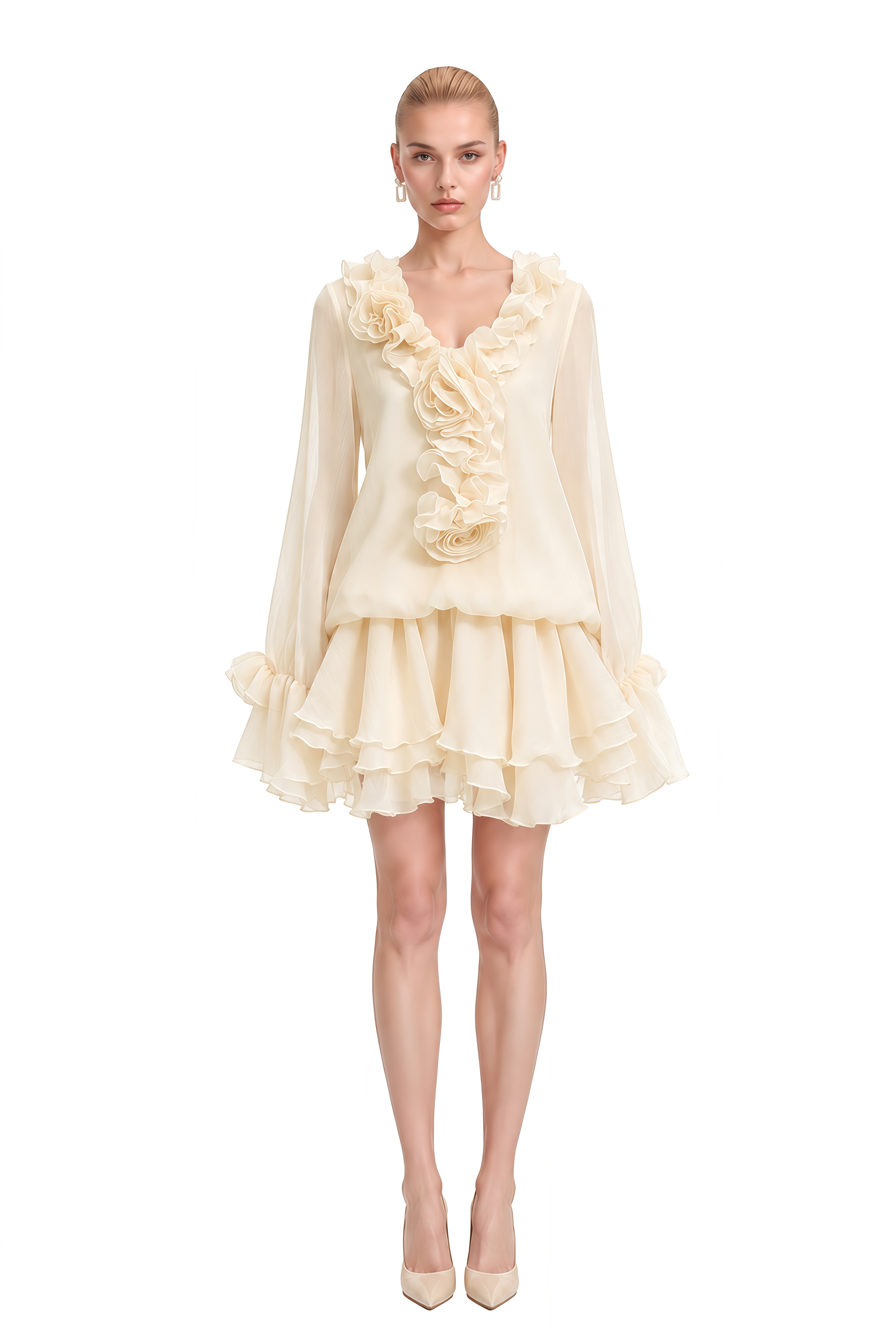 Clover Neutral 3D Floral Ruffled Mini Dress