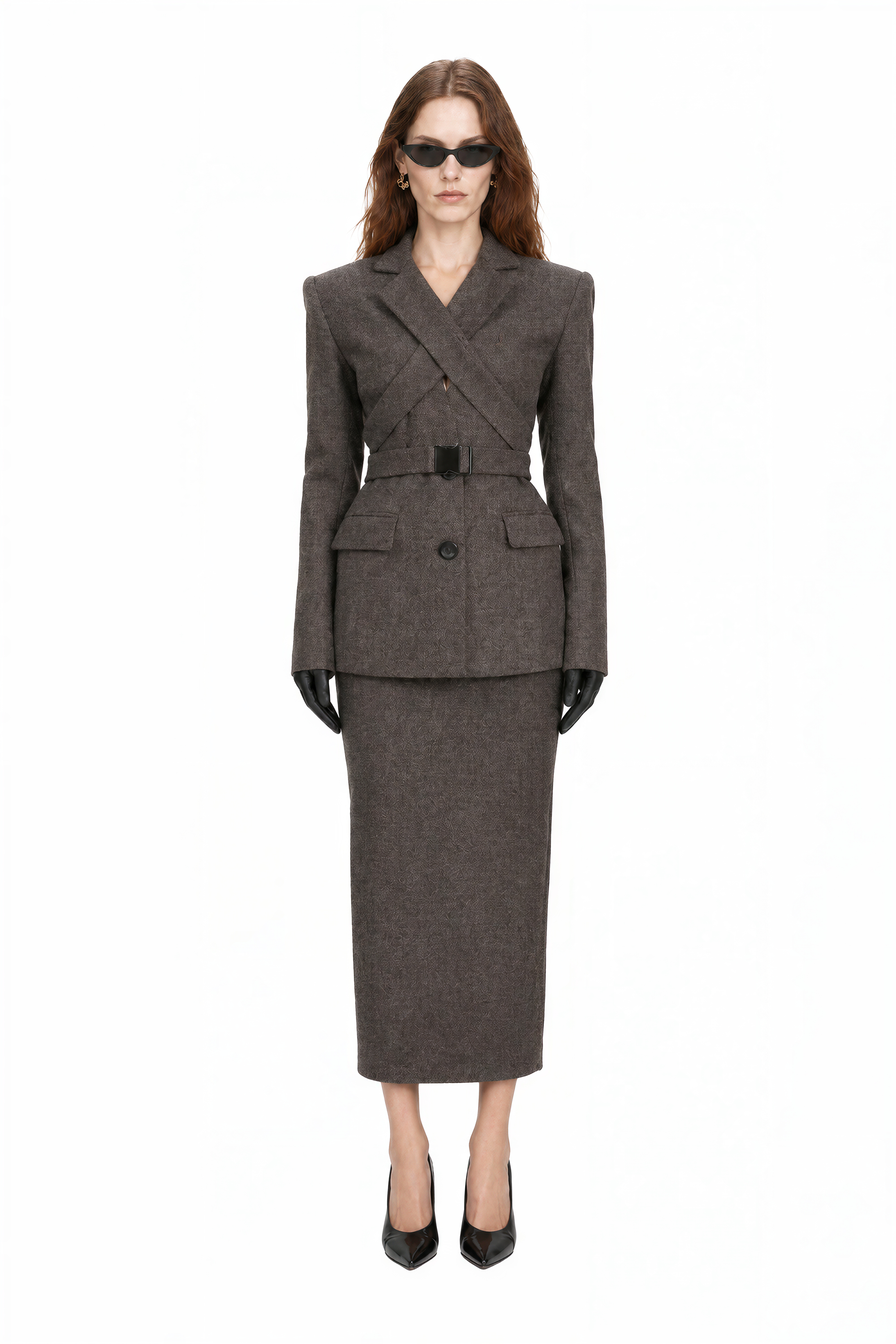 Charlotte Charcoal Brown Long Sleeves Slit Coat & Skirt Set