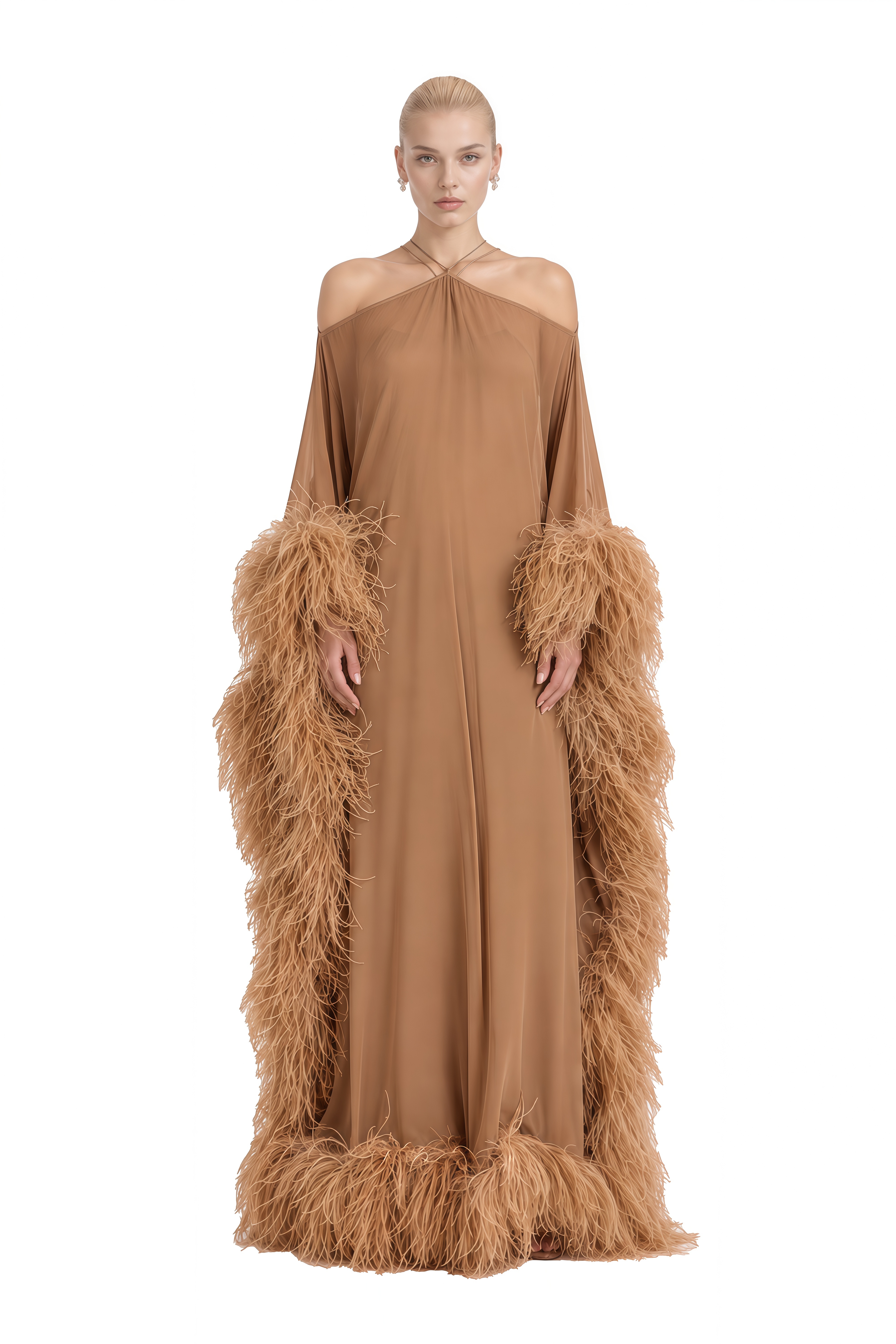 Cecilia Brown Halterneck Feather-Hem Maxi Dress