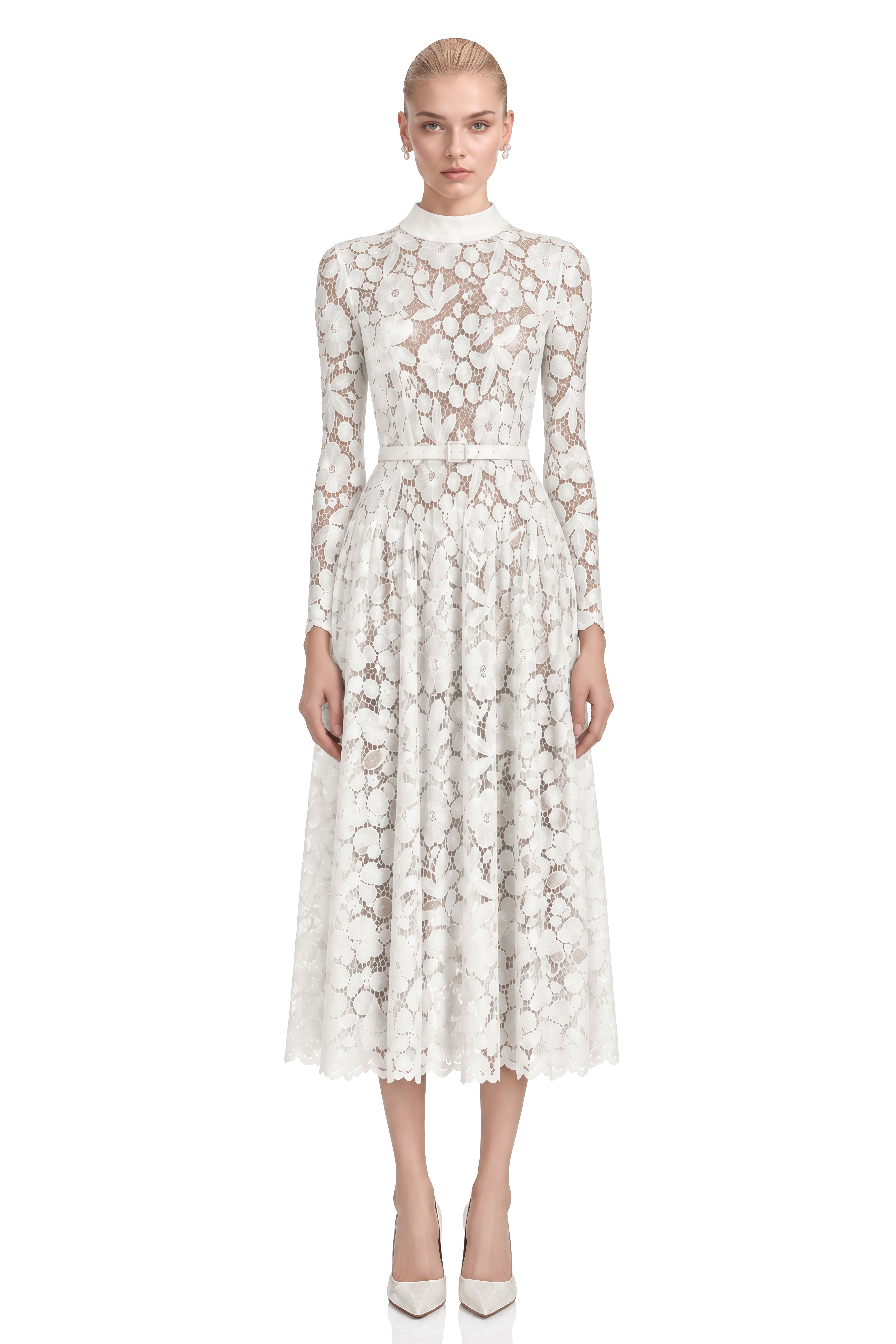 Thalia White Turtleneck Floral Lace Midi Dress