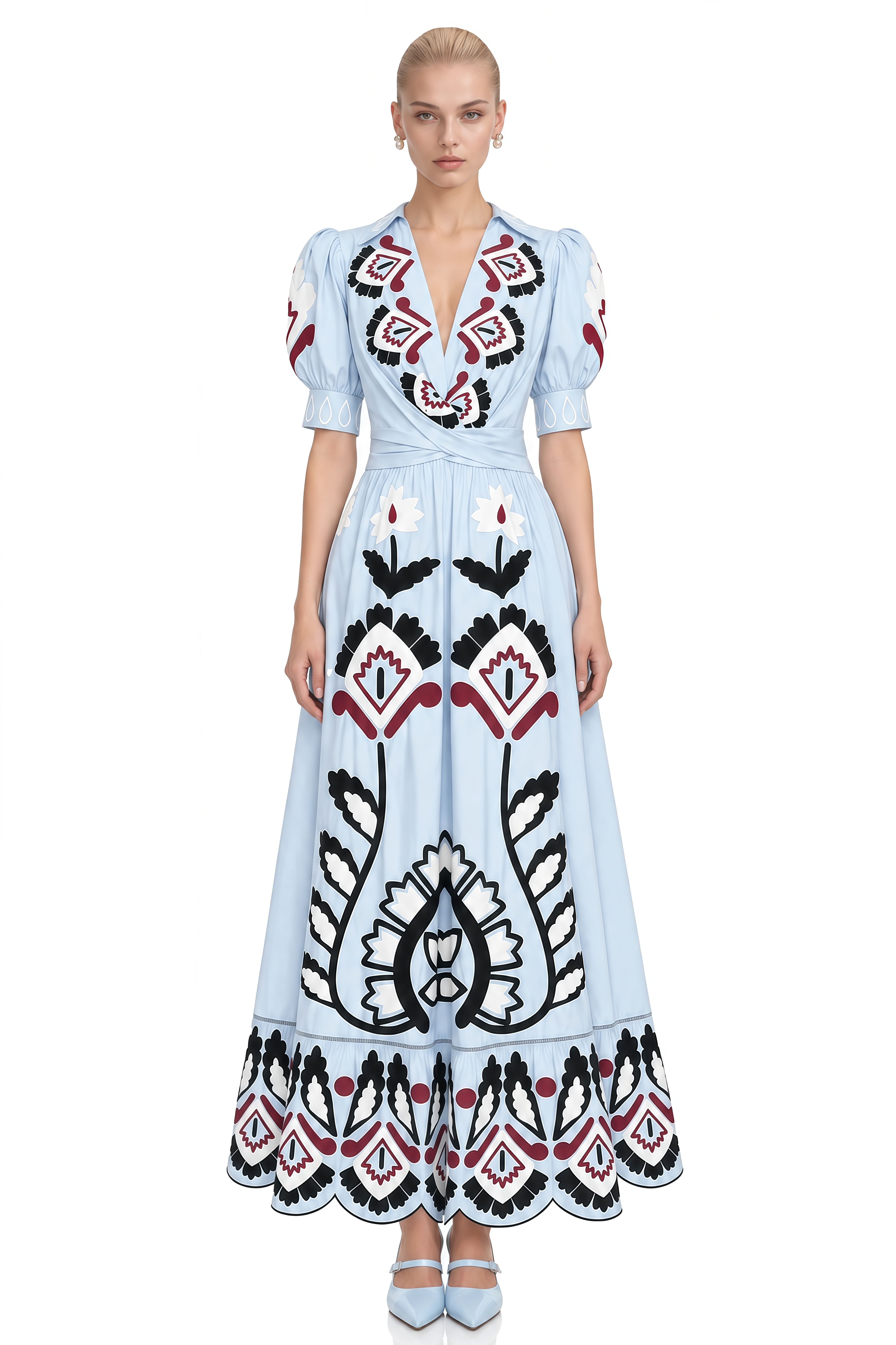 Noelle Light Blue V-Neck Contrast Printed Maxi Dress