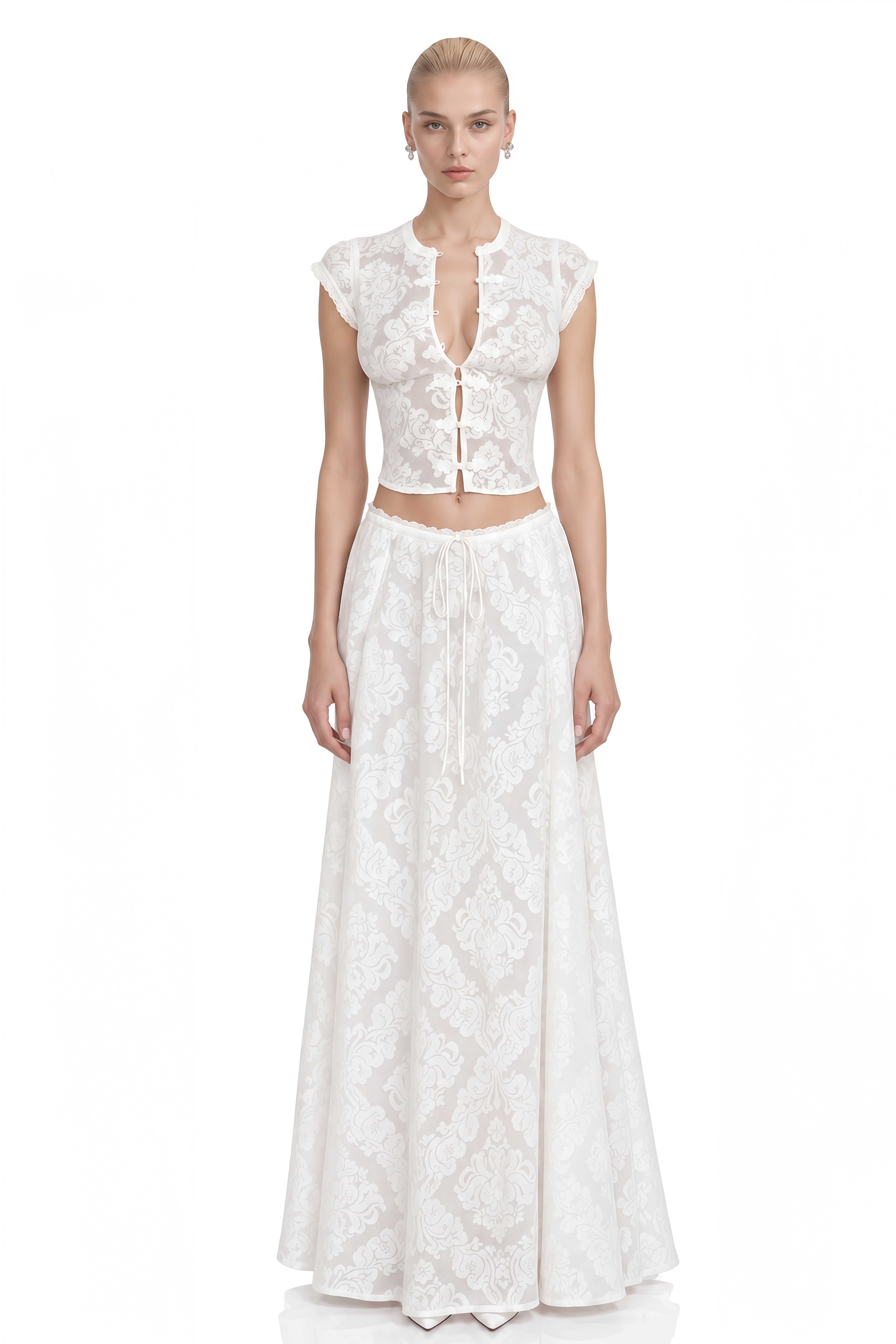 Grace White Round Neck Floral Top & Skirt Set