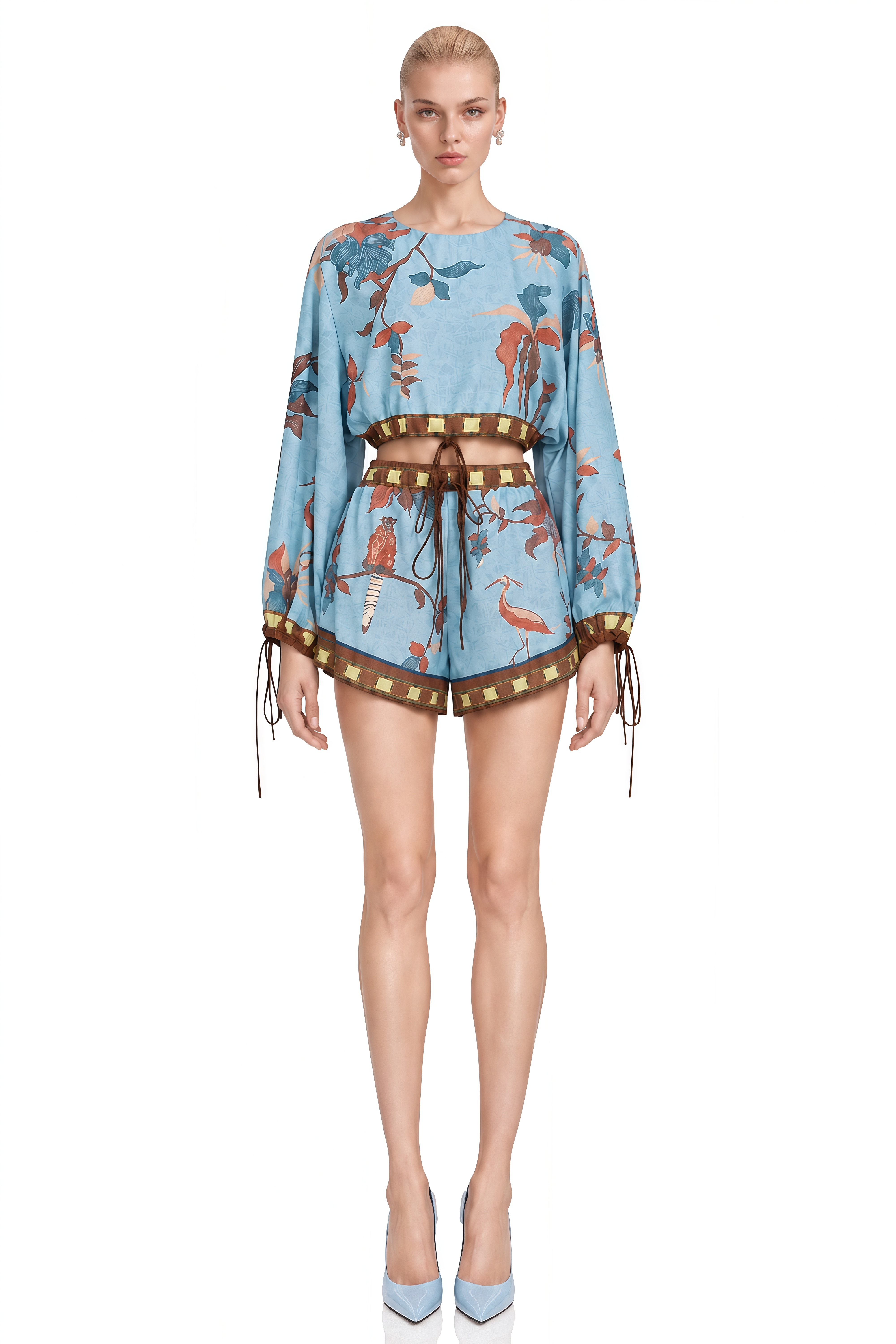 Viola Blue Round Neck Printed Top & Shorts Set