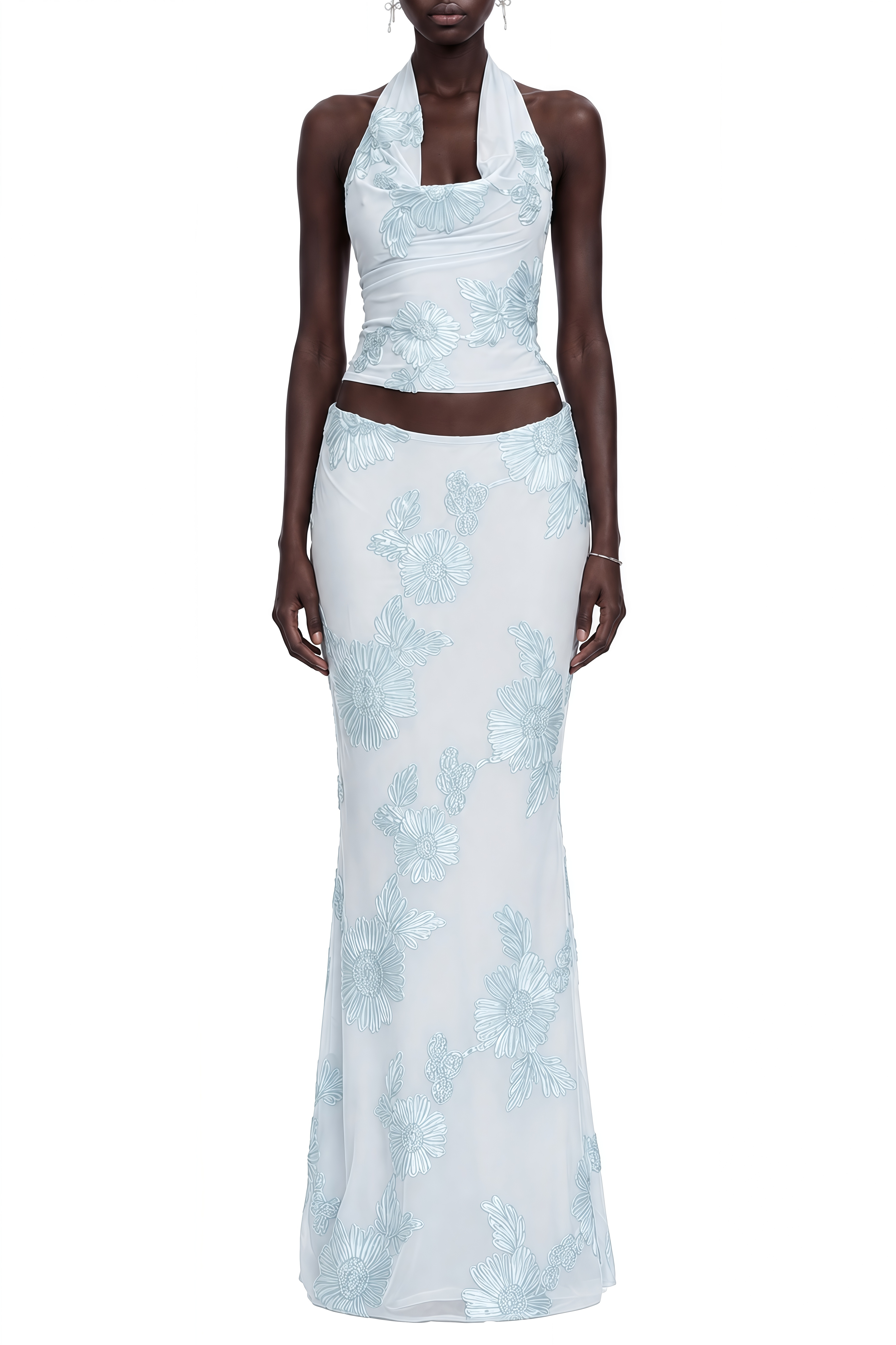 Bronte Light Blue Floral Embroidered Top & Skirt Set