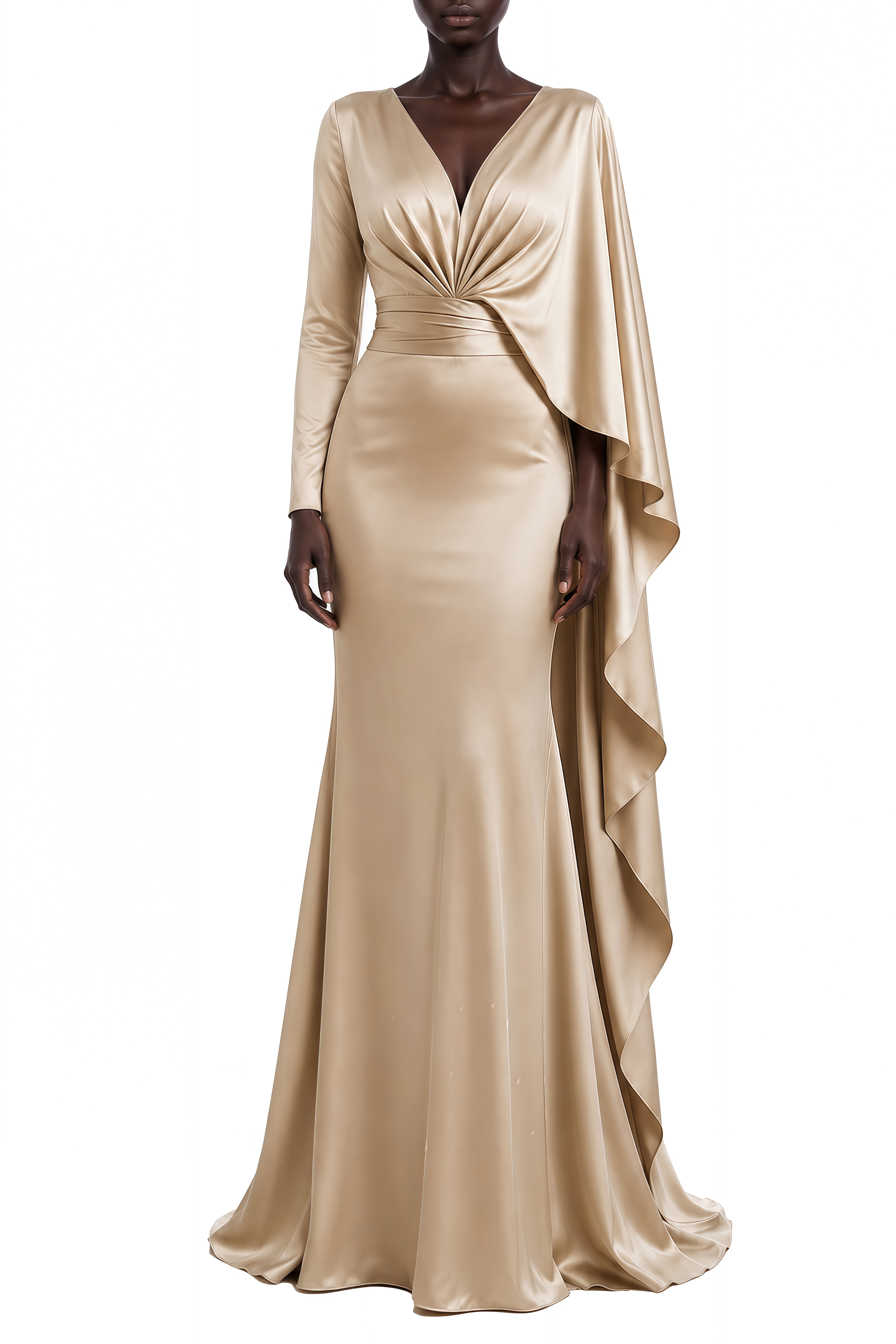 Elodie Champagne Cape sleeve Draped Maxi Dress