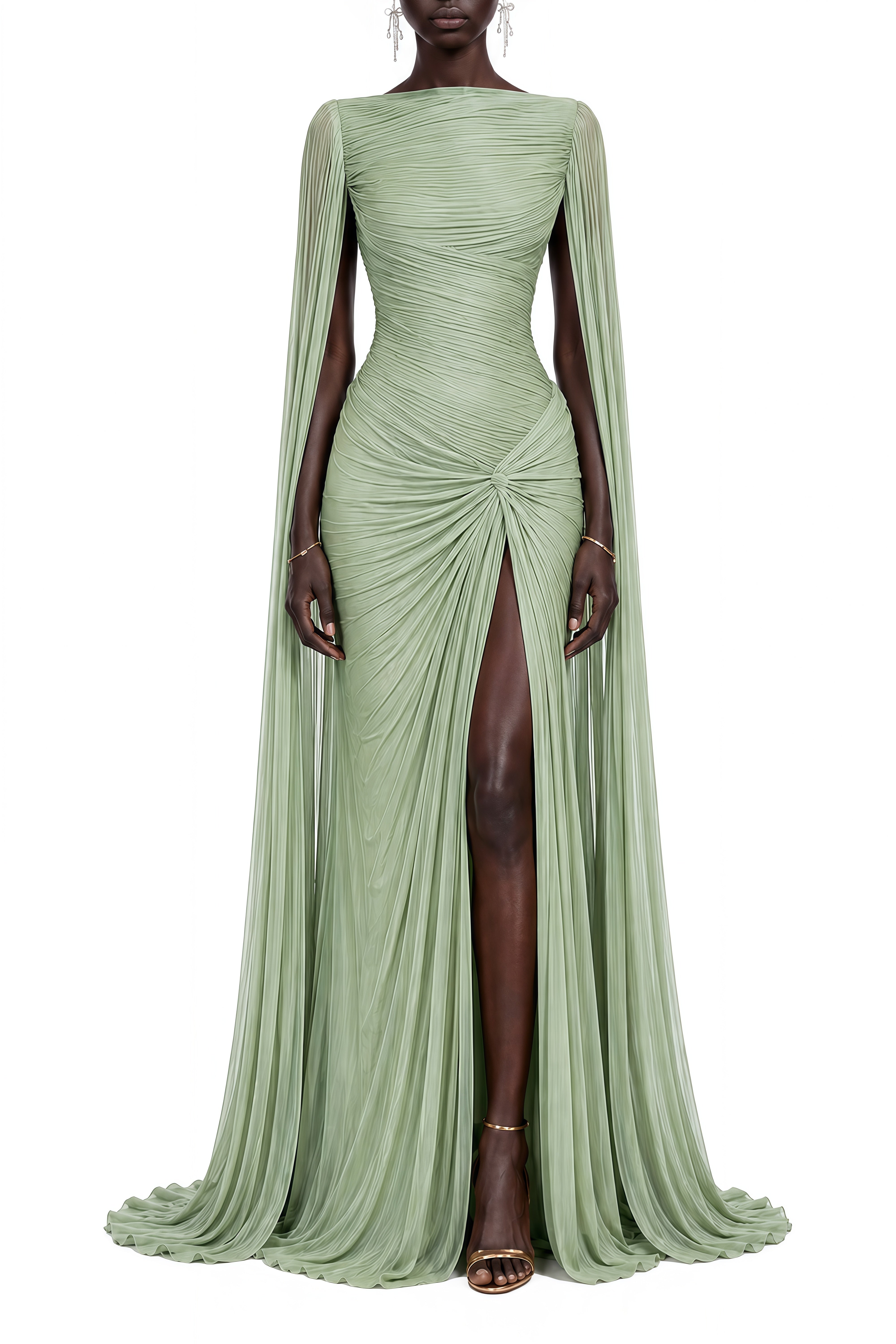 Zephyra Green Cape Sleeves Twist Slit Maxi Dress