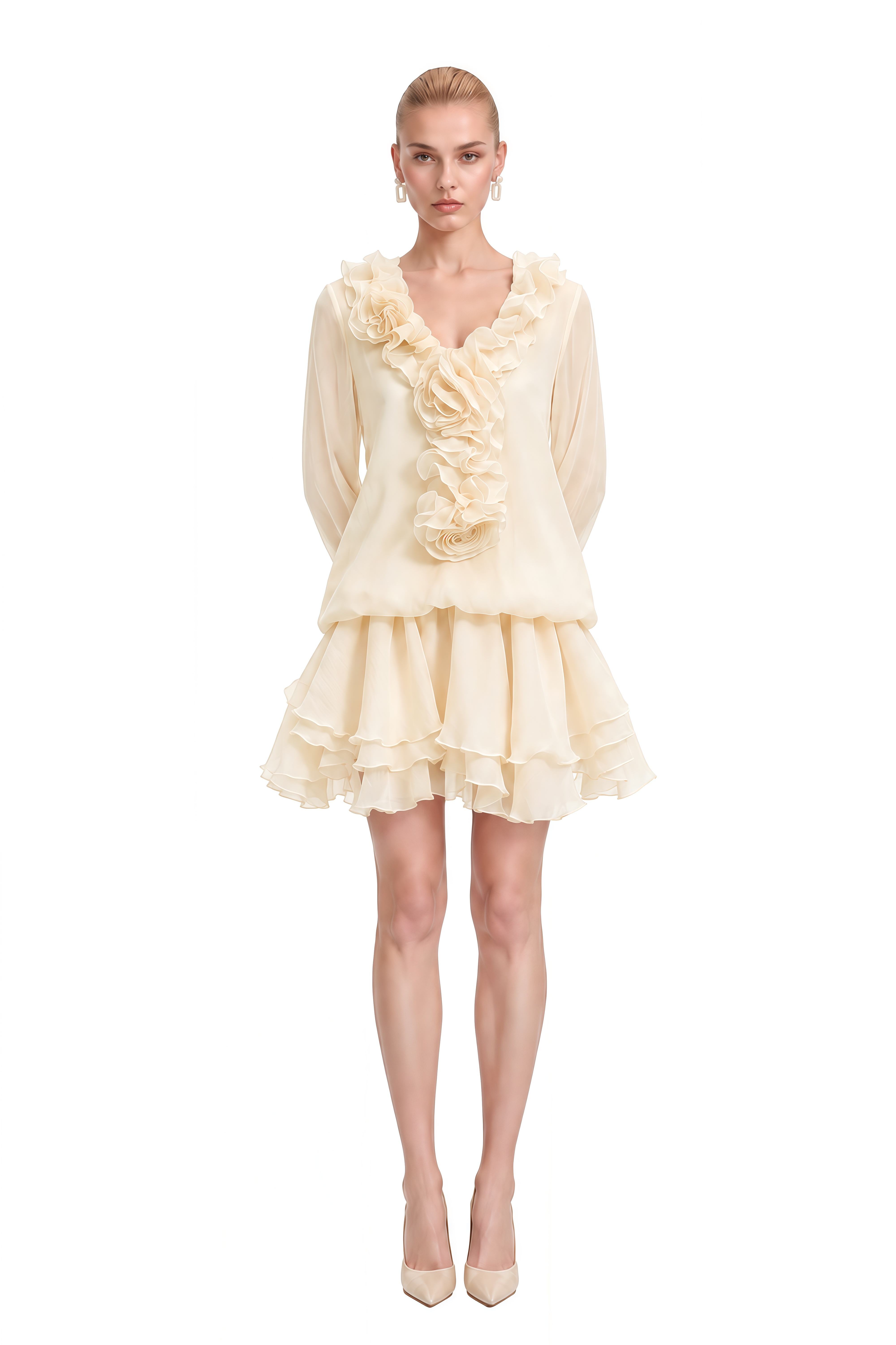 Clover Neutral 3D Floral Ruffled Mini Dress