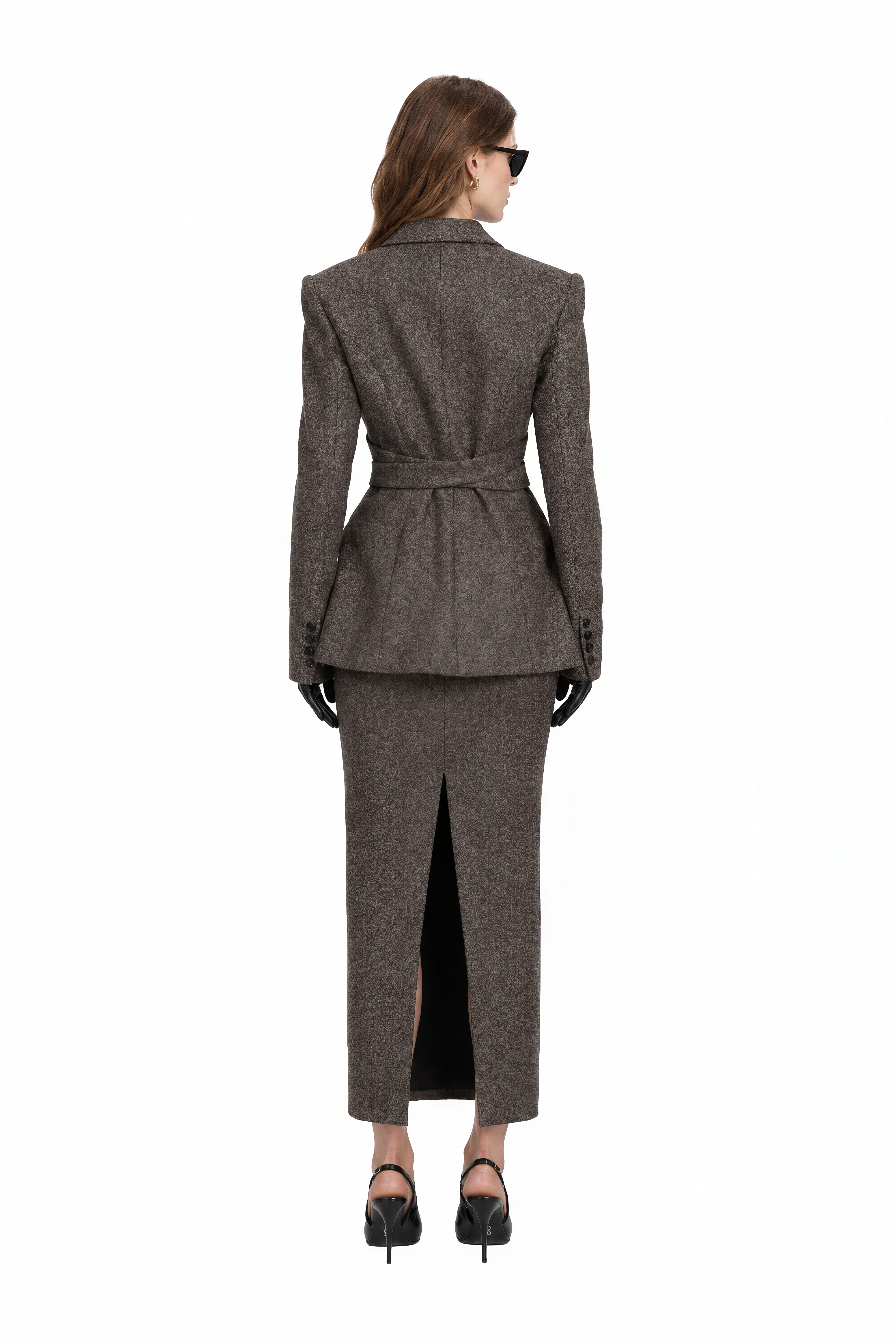 Charlotte Charcoal Brown Long Sleeves Slit Coat & Skirt Set