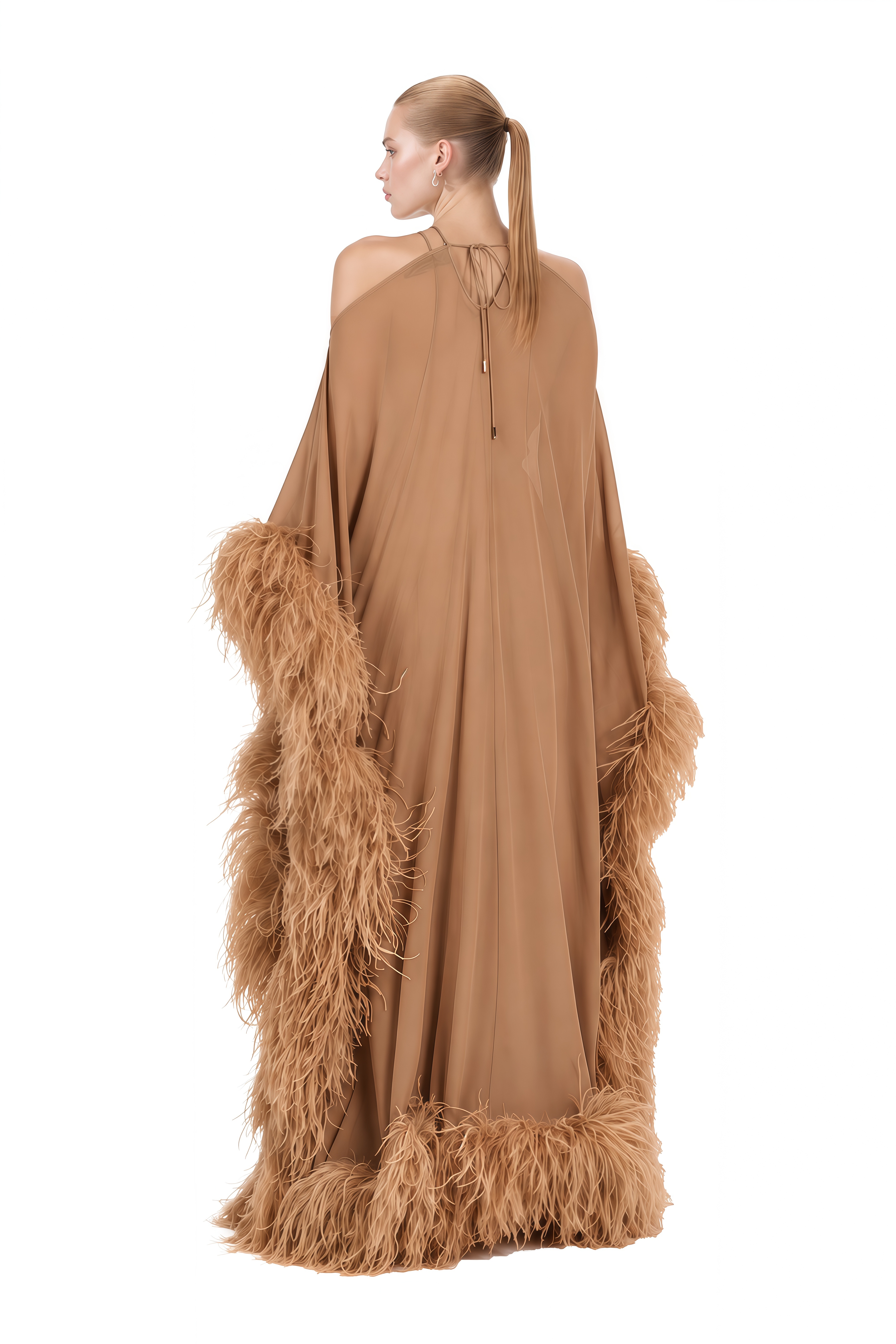 Cecilia Brown Halterneck Feather-Hem Maxi Dress
