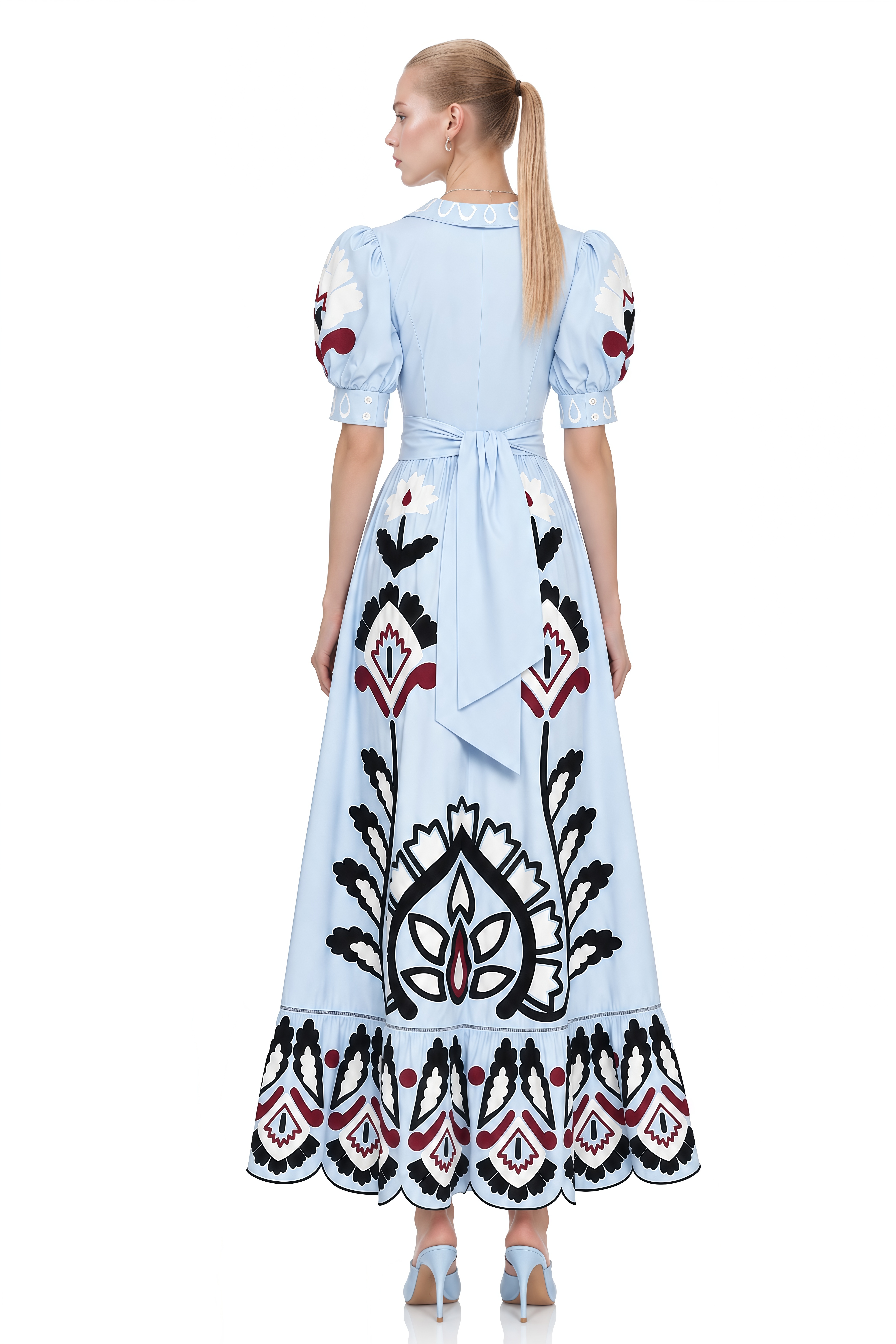Noelle Light Blue V-Neck Contrast Printed Maxi Dress