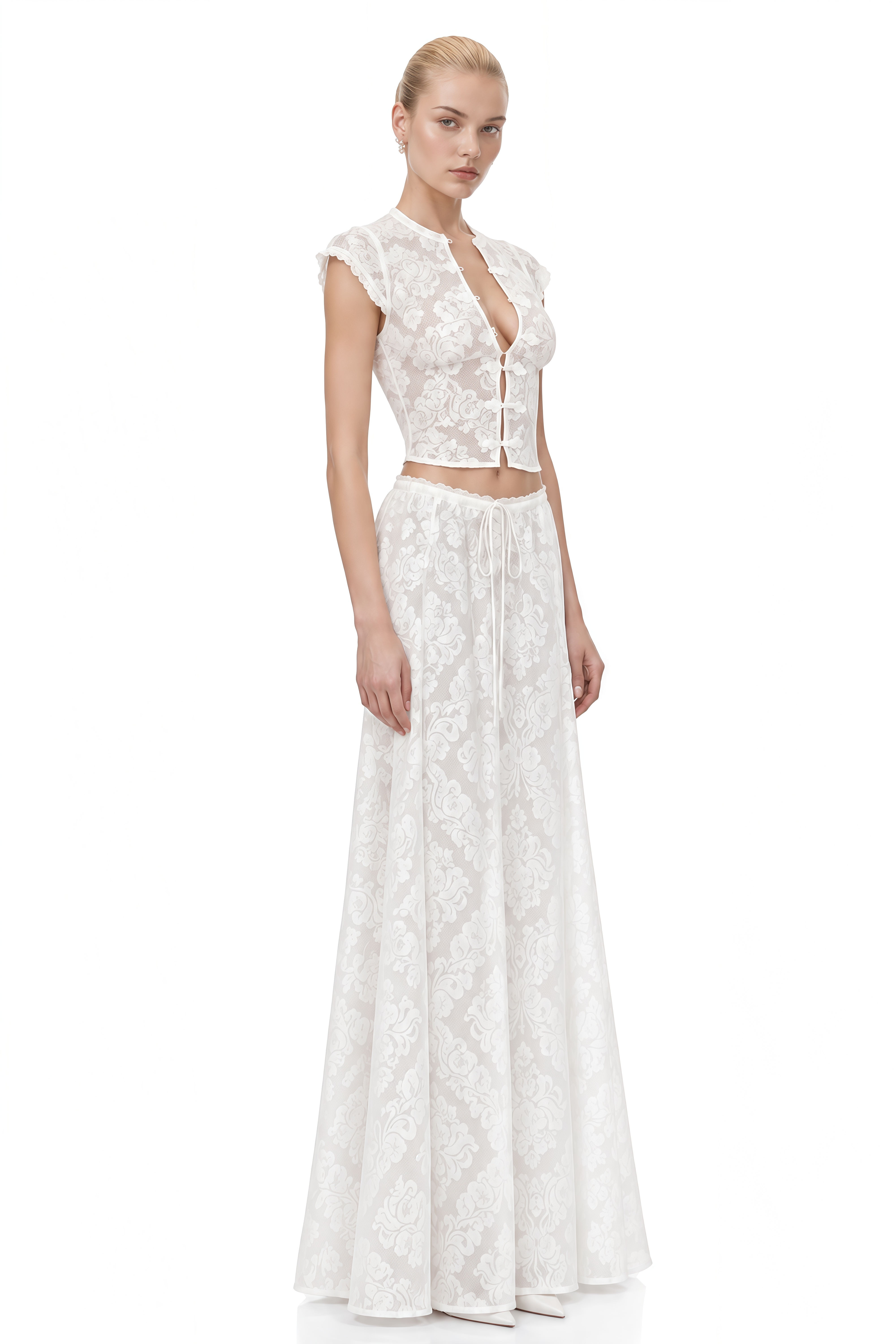 Grace White Round Neck Floral Top & Skirt Set