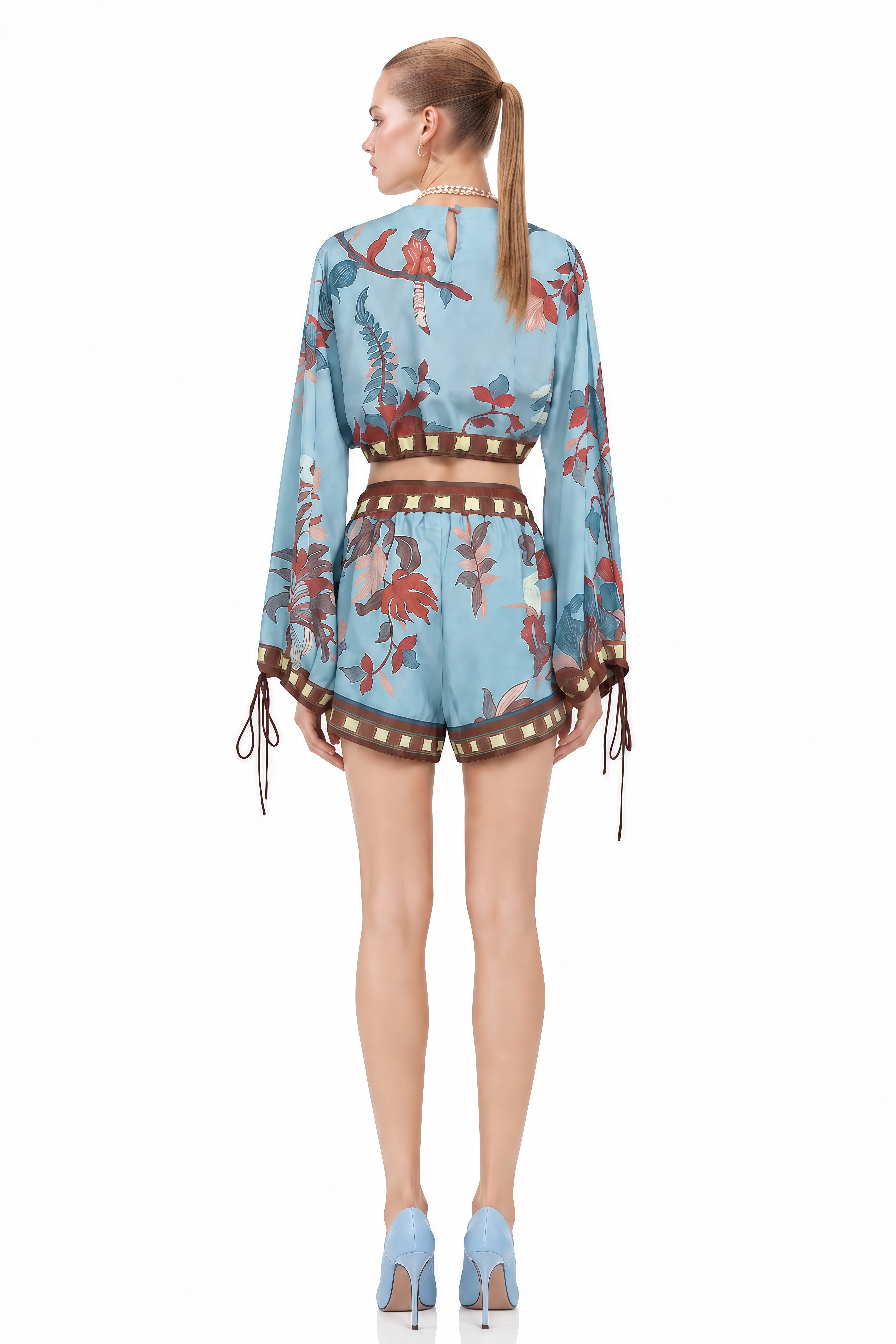 Viola Blue Round Neck Printed Top & Shorts Set