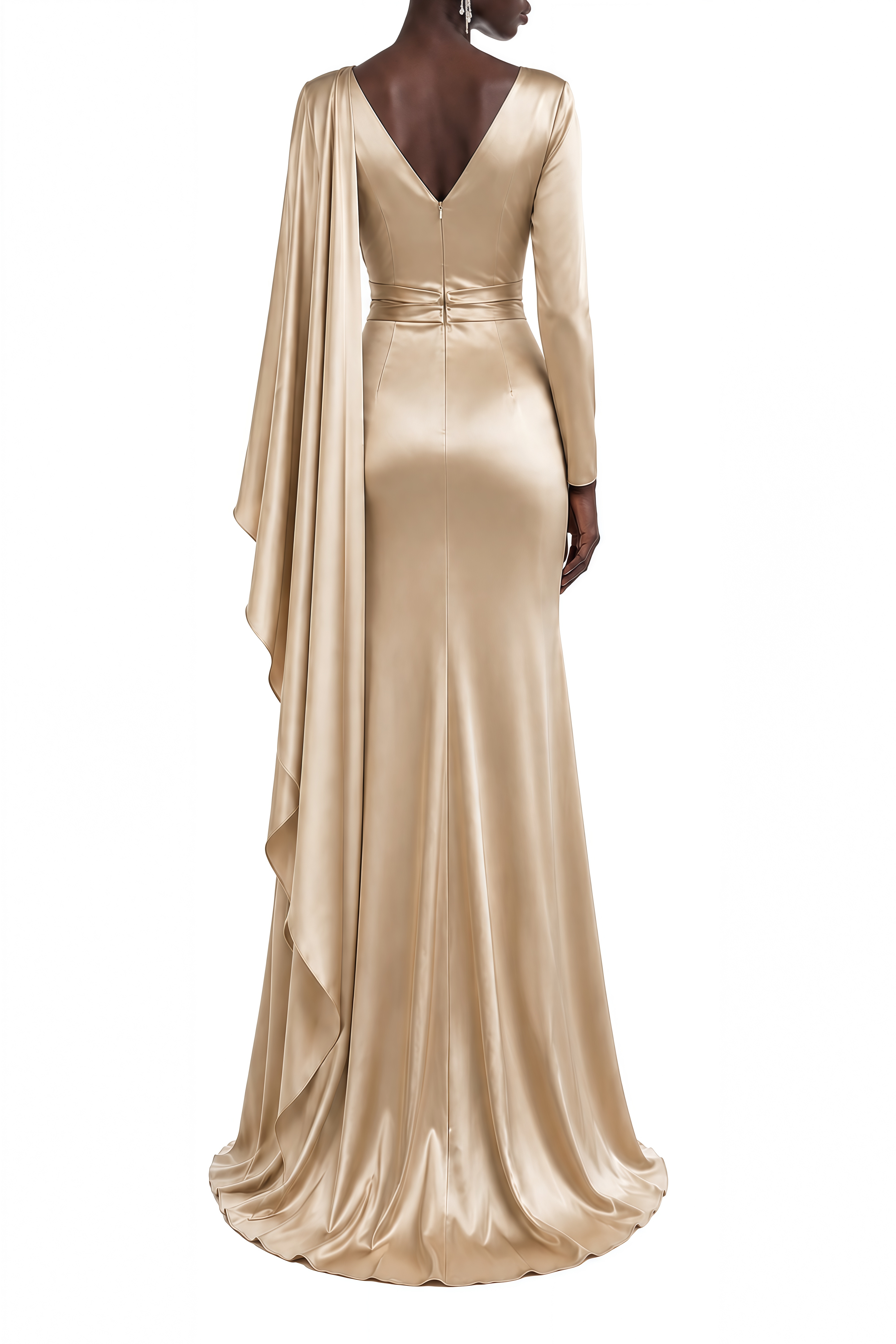 Elodie Champagne Cape sleeve Draped Maxi Dress