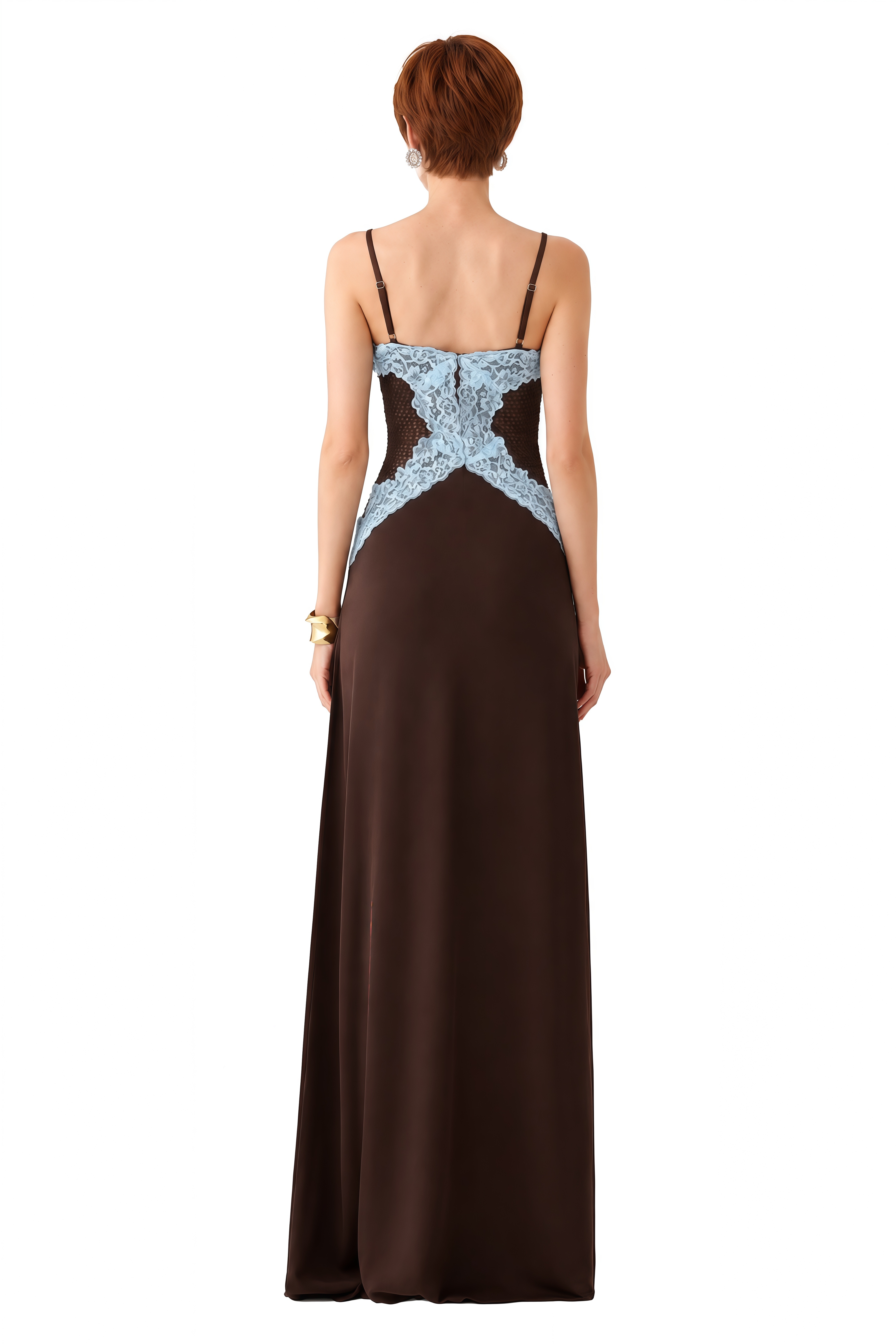 Rosalie Brown Sweetheart Neck Lace Maxi Dress