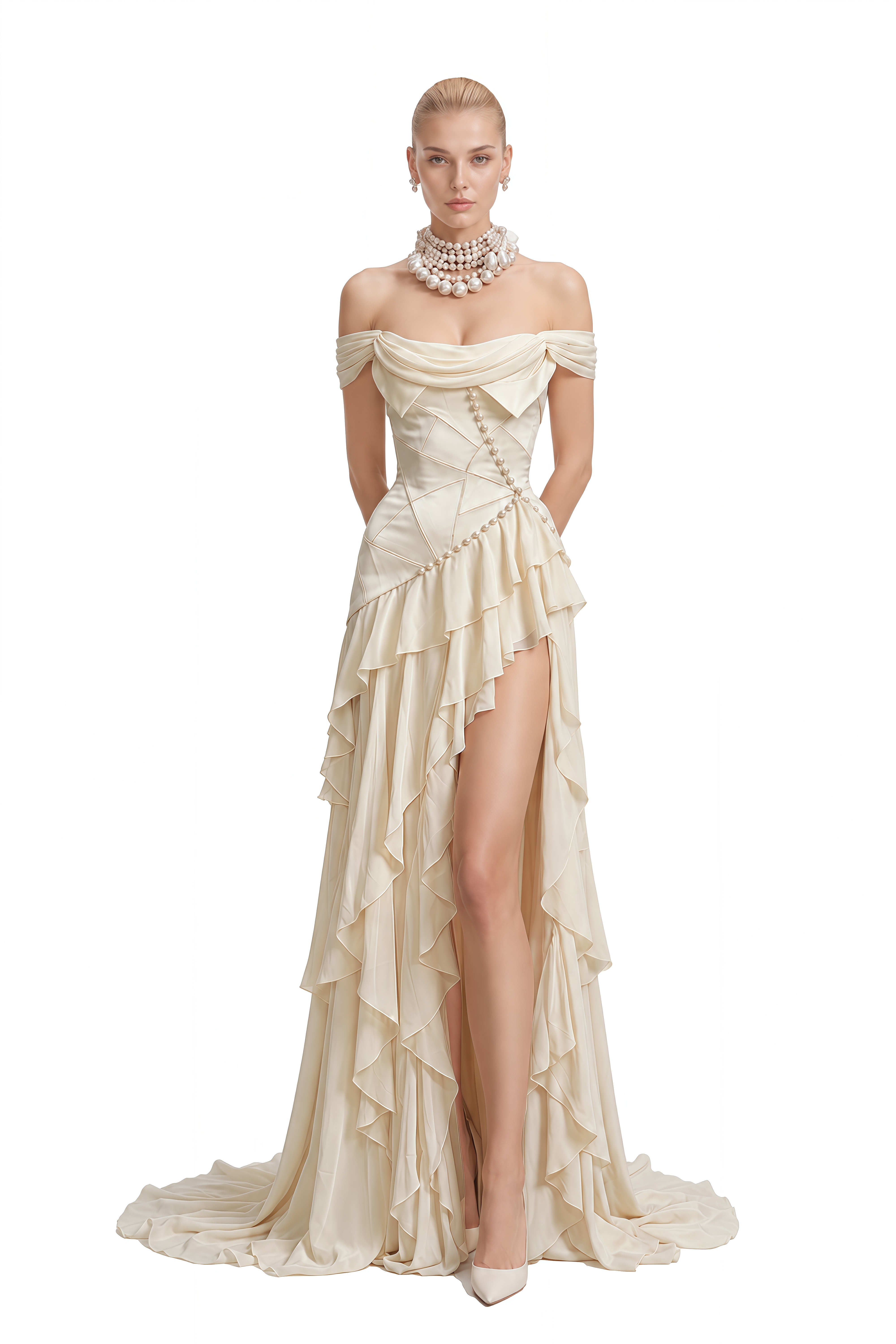 Rosalind Ivory Off Shoulder Ruffled Maxi Dress