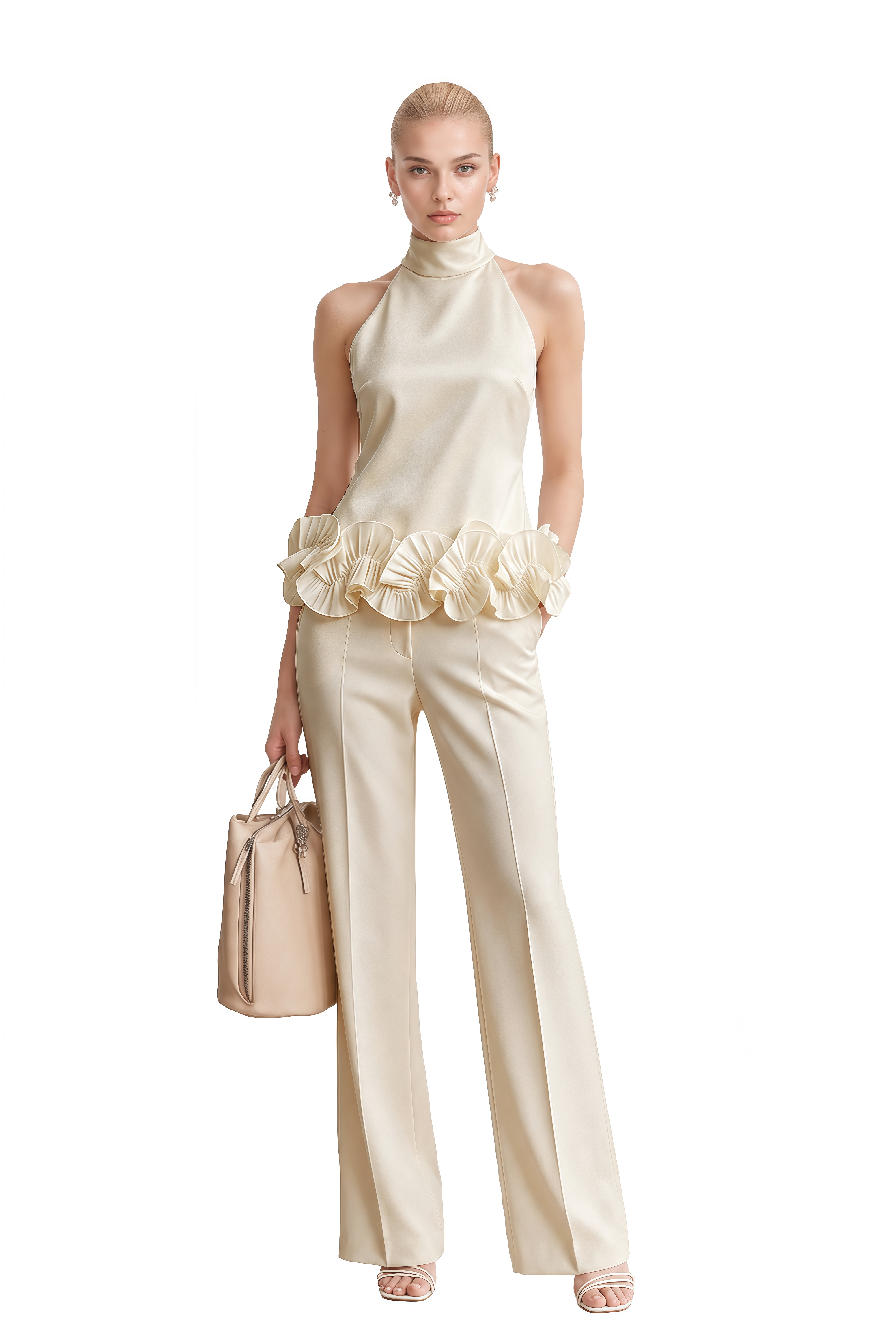 Vesper Ivory Turtleneck Ruffled Top & Trousers Set