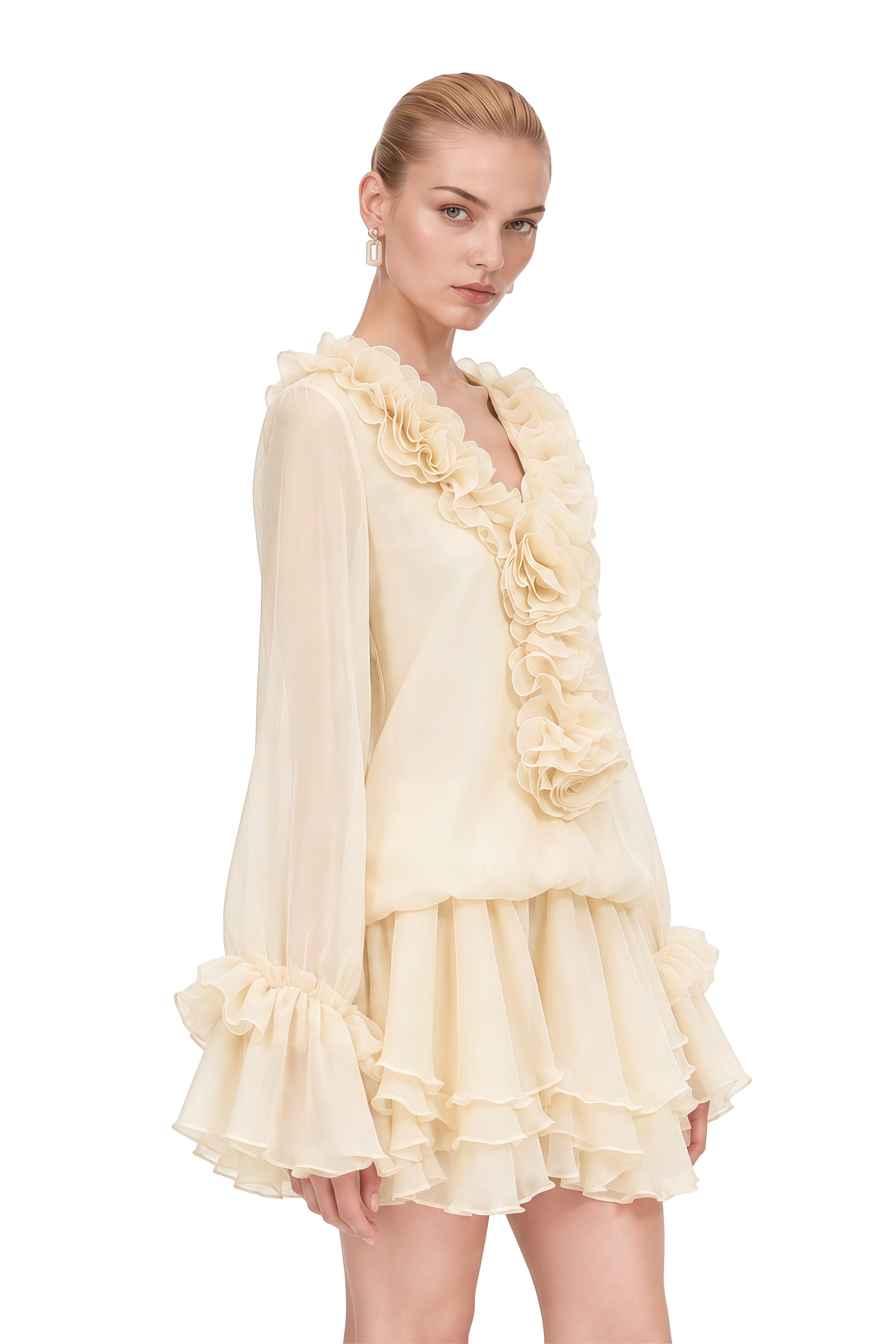 Clover Neutral 3D Floral Ruffled Mini Dress