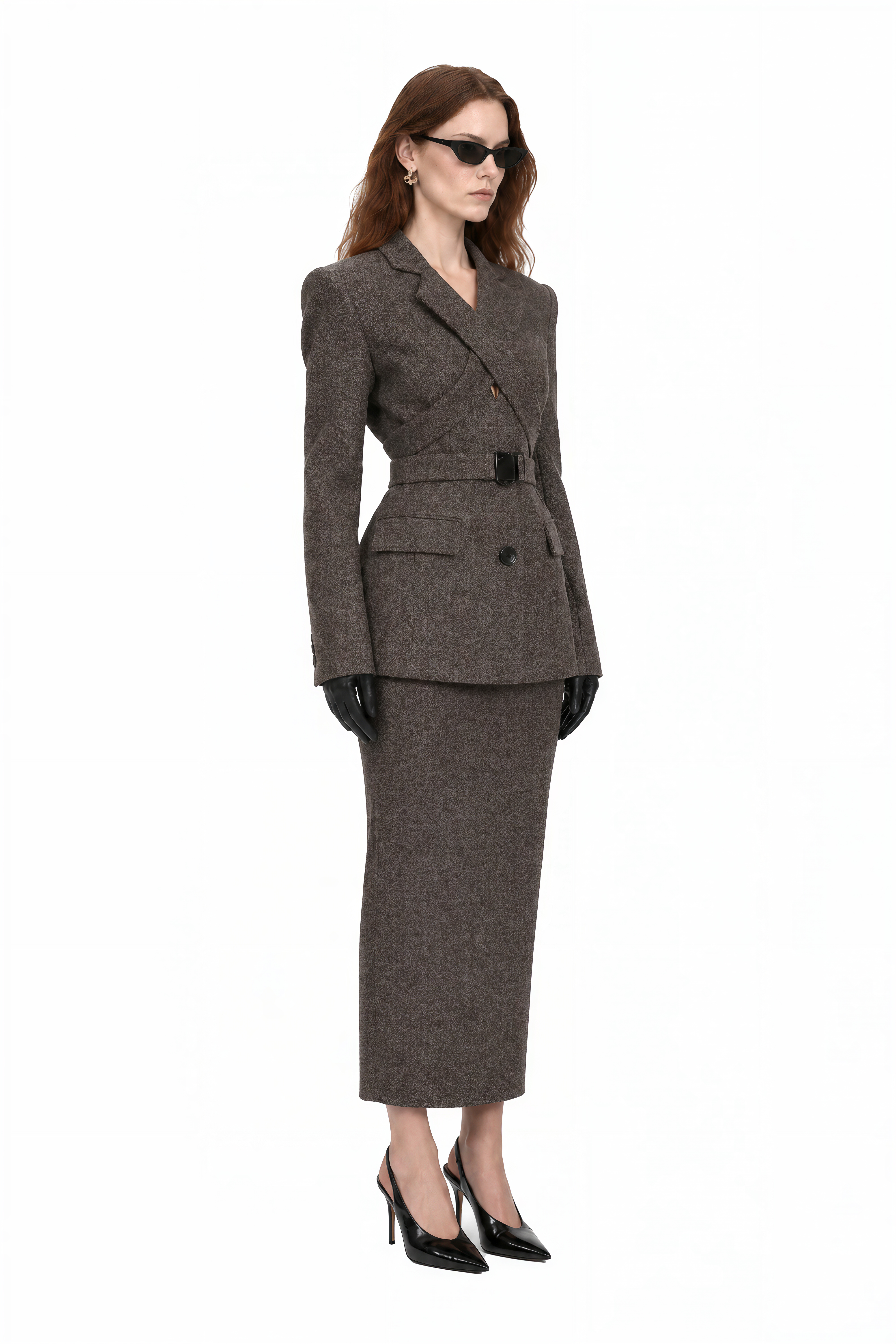 Charlotte Charcoal Brown Long Sleeves Slit Coat & Skirt Set