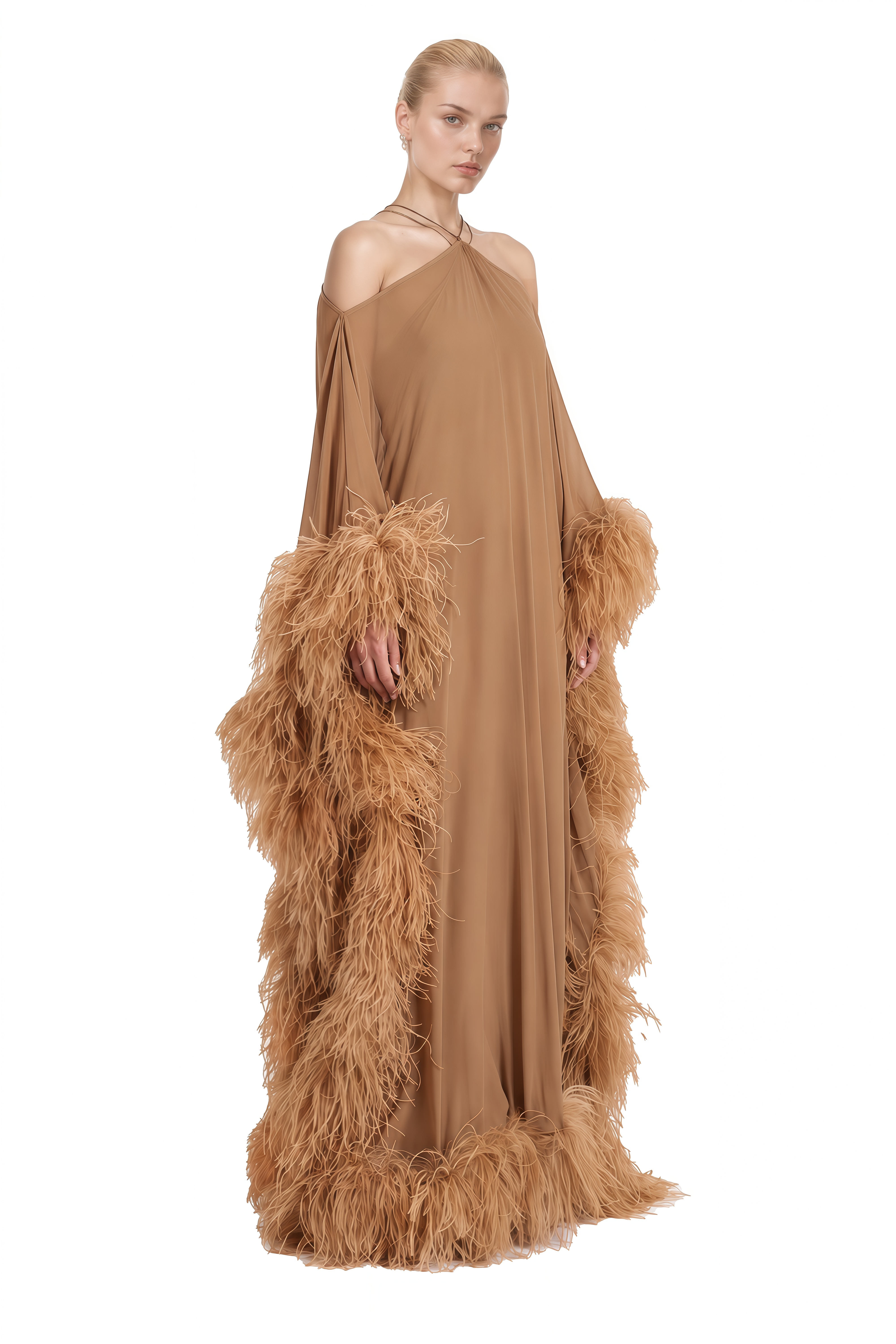 Cecilia Brown Halterneck Feather-Hem Maxi Dress
