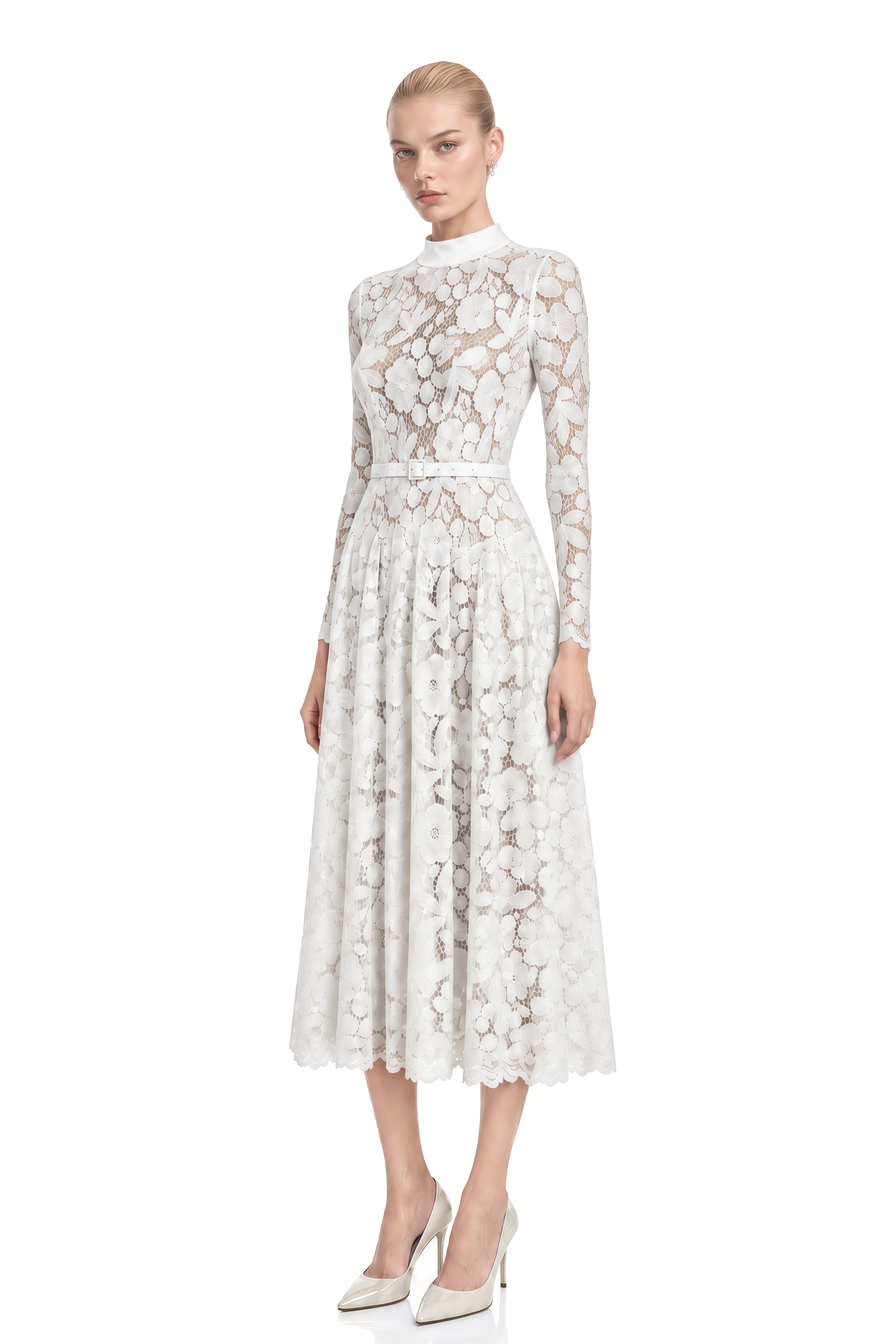 Thalia White Turtleneck Floral Lace Midi Dress