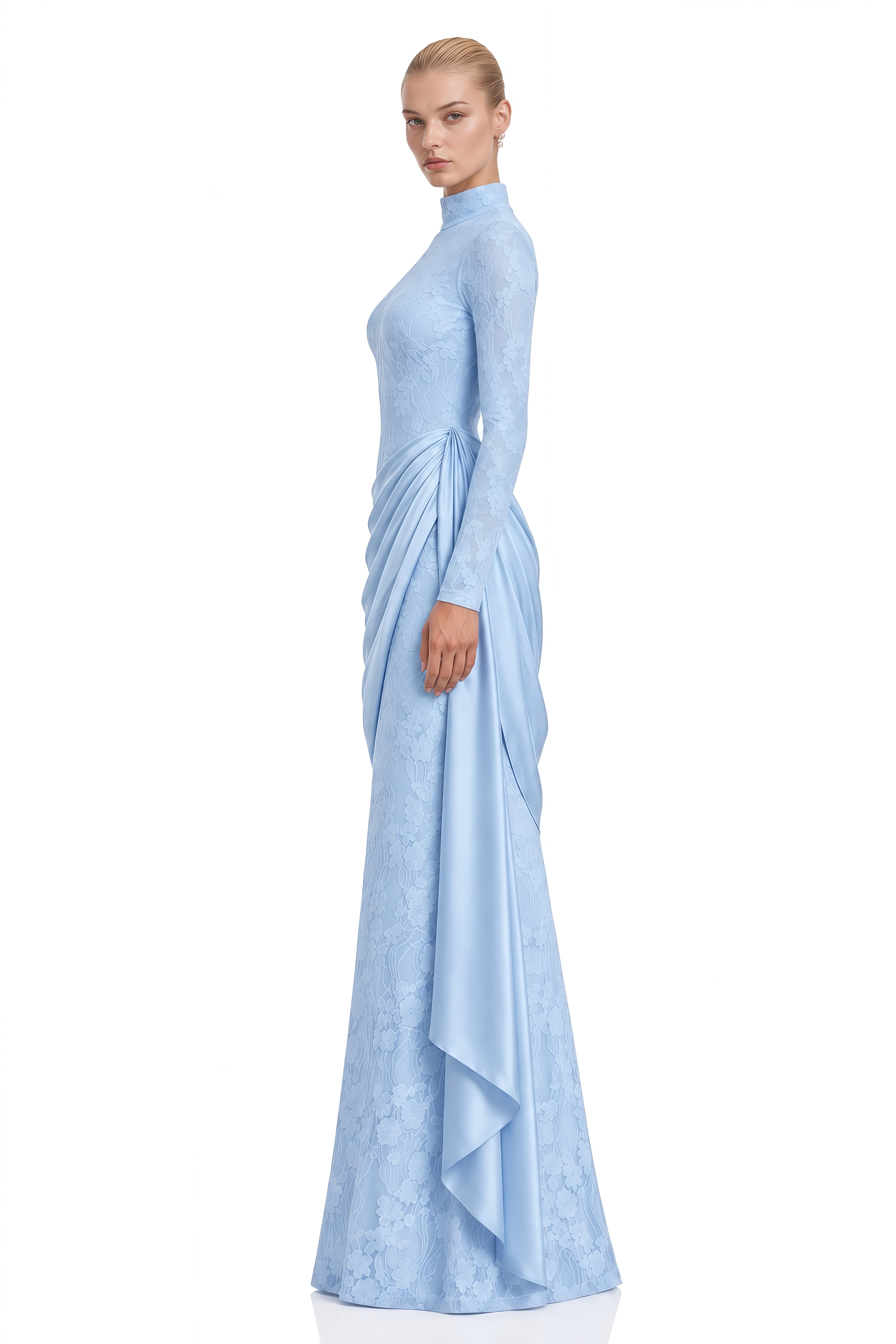 Austen Light Blue Lace Asymmetrical Maxi Dress