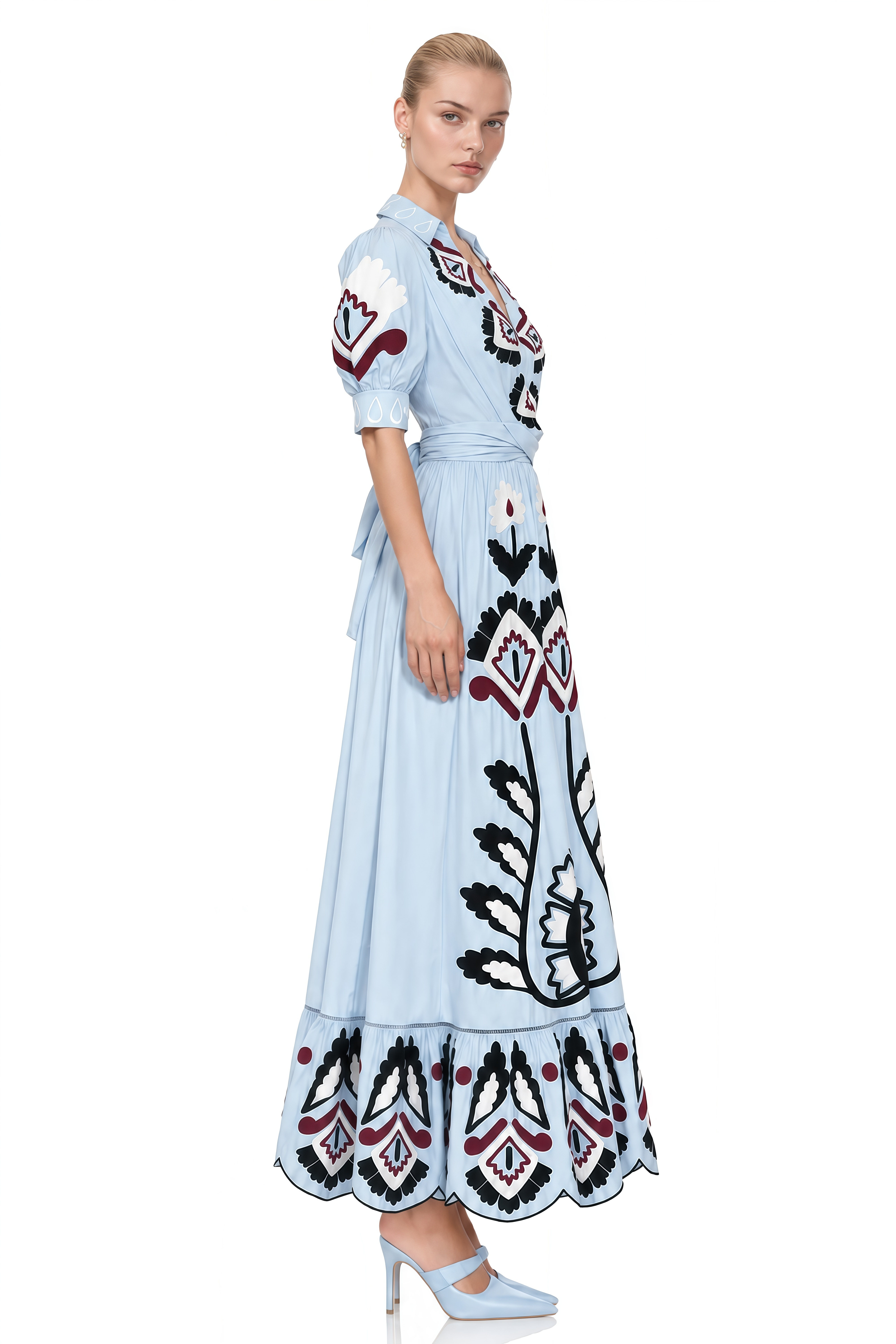 Noelle Light Blue V-Neck Contrast Printed Maxi Dress